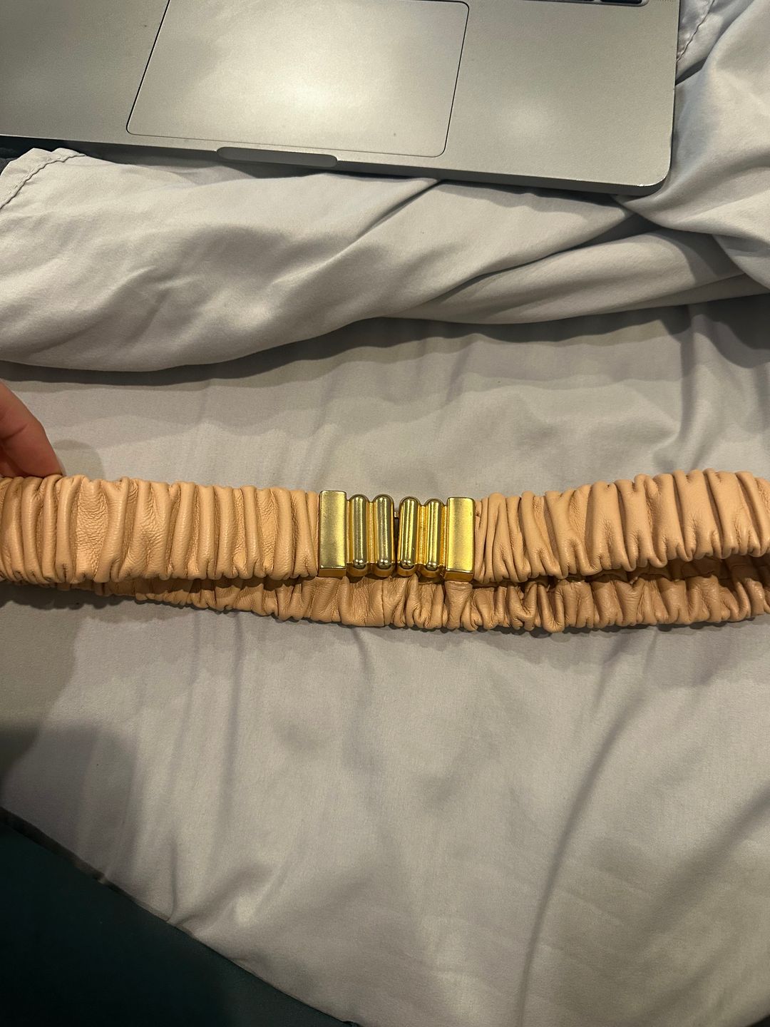 Sandro Ruched Leather Belt with Gold Buckle