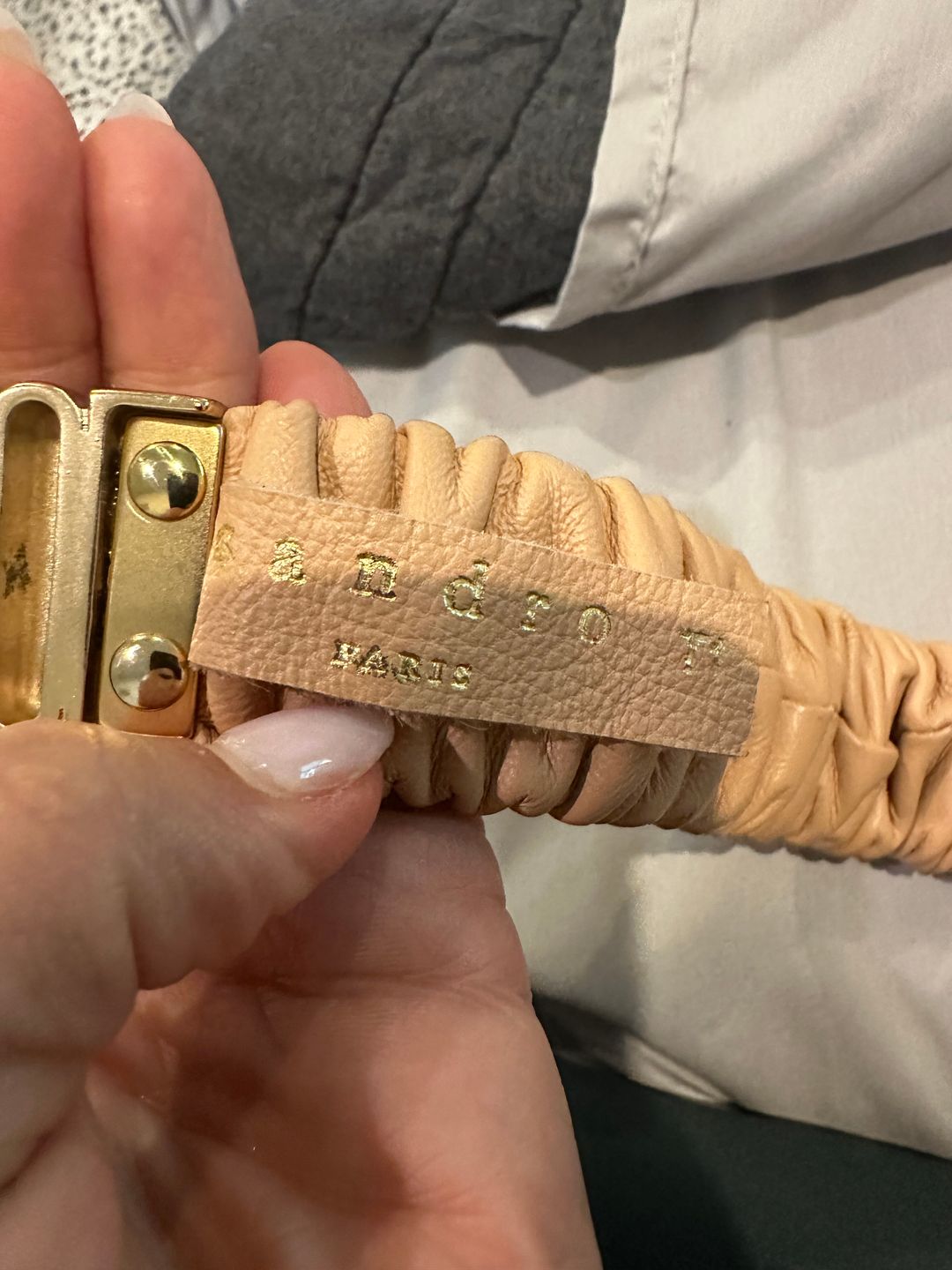 Sandro Ruched Leather Belt with Gold Buckle