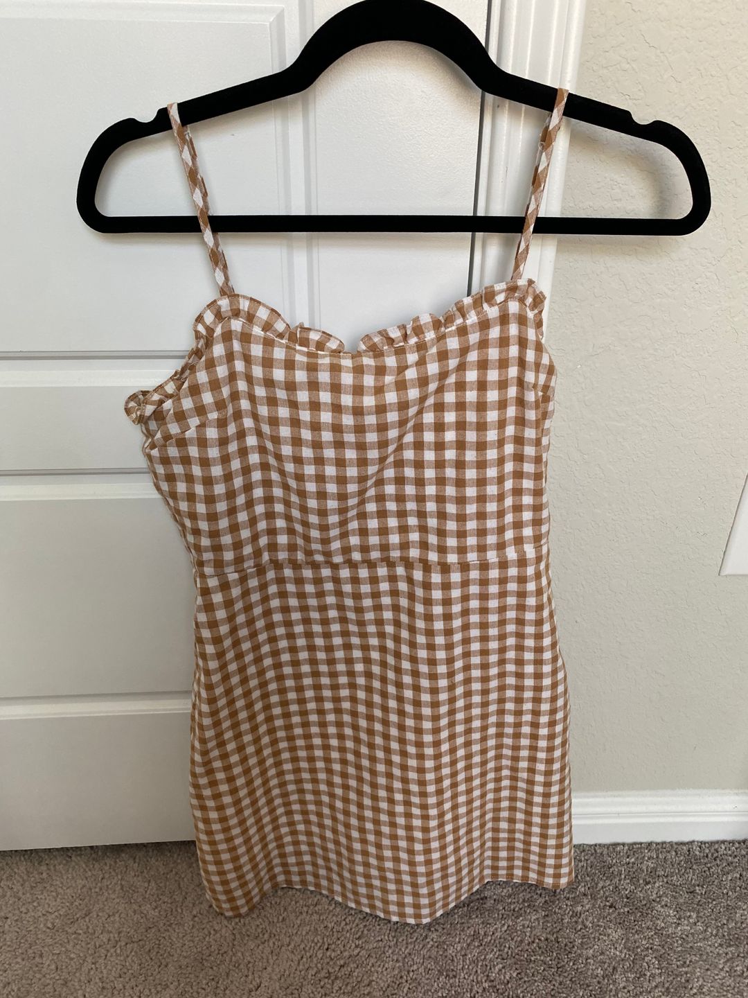 Brown and white gingham mini dress