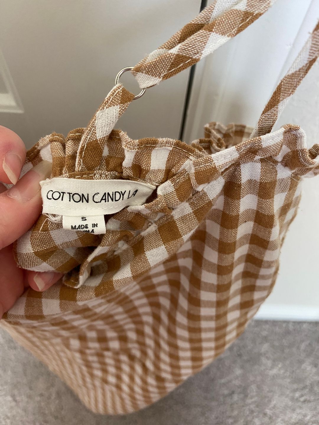 Brown and white gingham mini dress