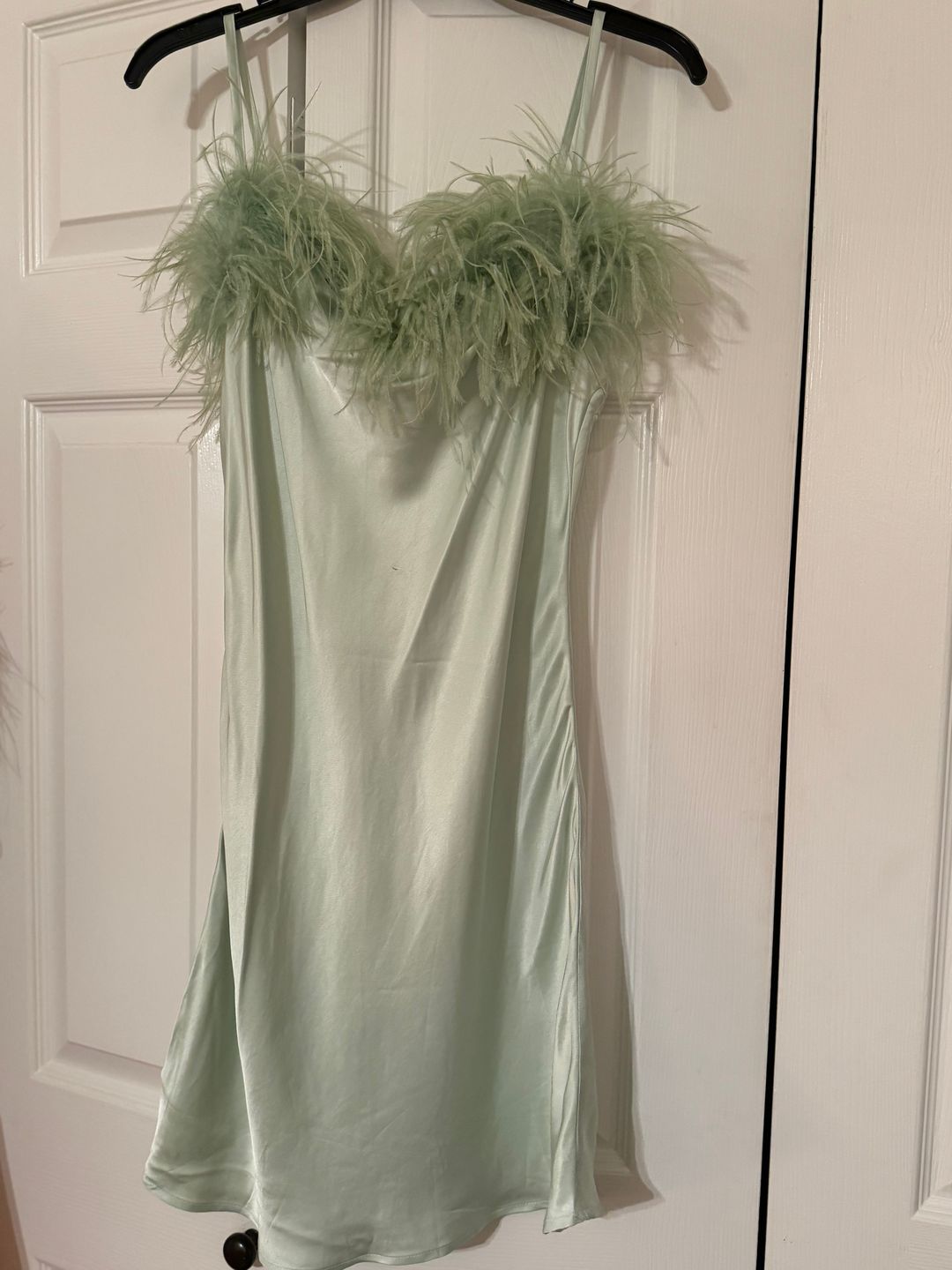 Boheme Mini Slip Dress with Feathers in Mint