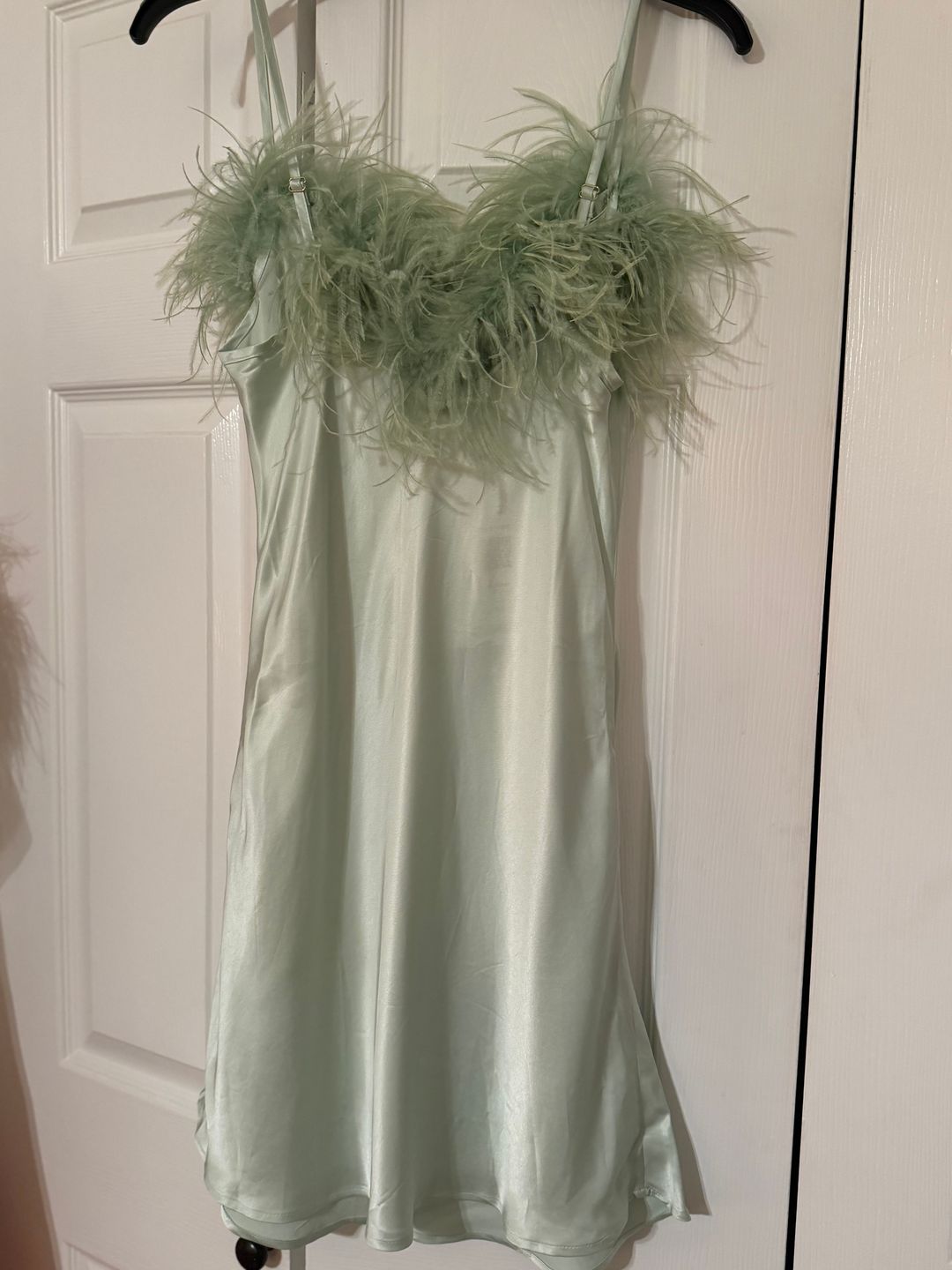 NWT Sleeper Boheme Mini Slip Dress with Feathers in Mint