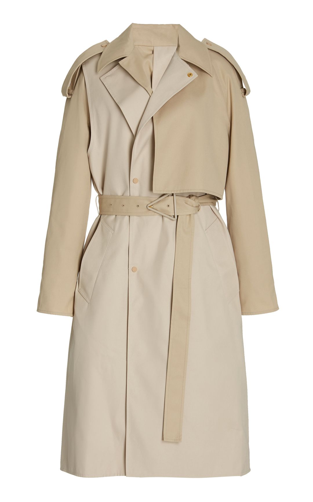 Deconstructed trench coat with layered front flap