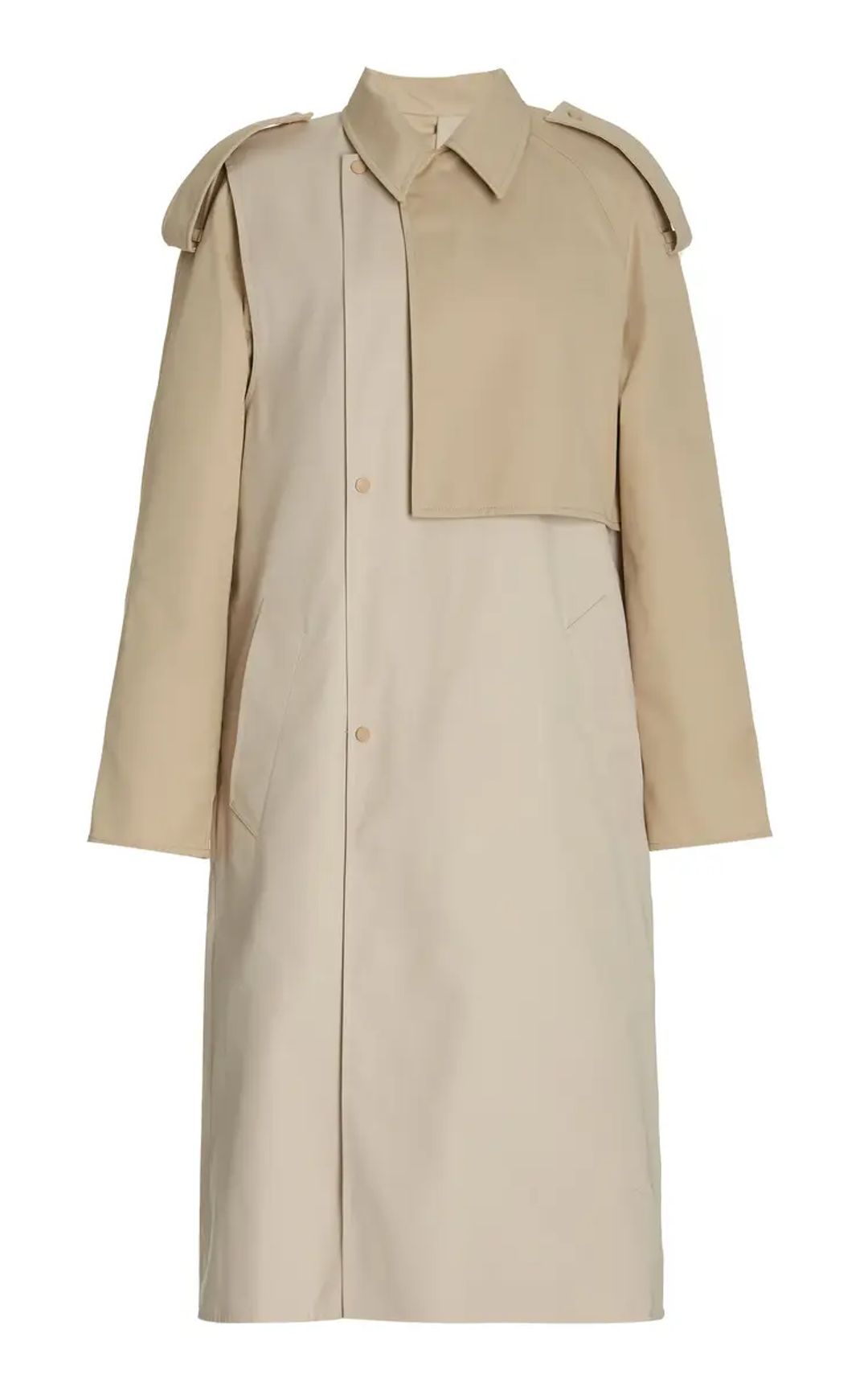 Deconstructed trench coat with layered front flap