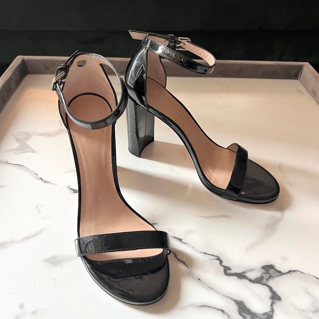 Stuart Weitzman Walkway Black Patent Leather Block Heels Sandals