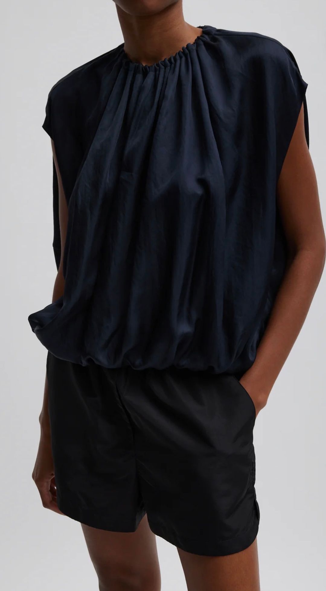 Spring Acetate Shirred Neck Circular Top