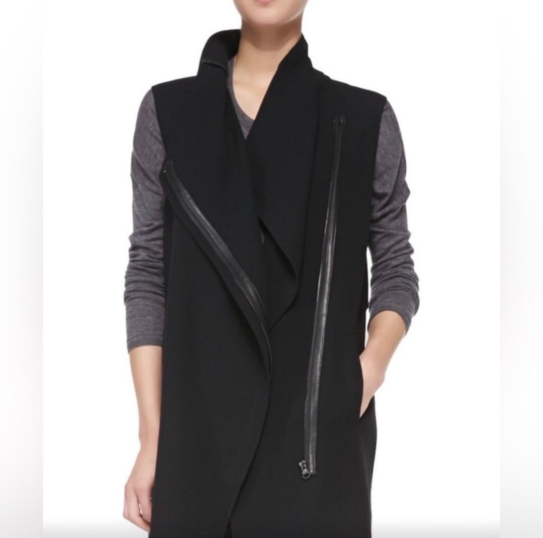Leather-Trim Asymmetric
Black Wool Zip up Moto longer tunic
Vest 