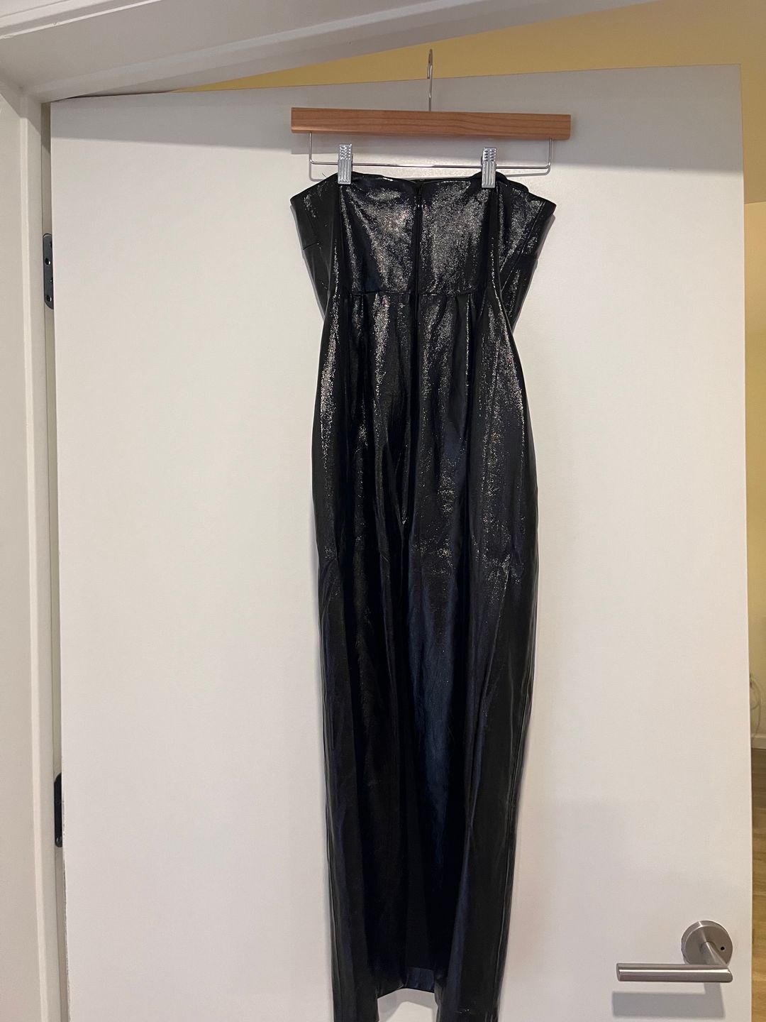 NBD NBD Faux Patent Leather Strapless Midi Dress