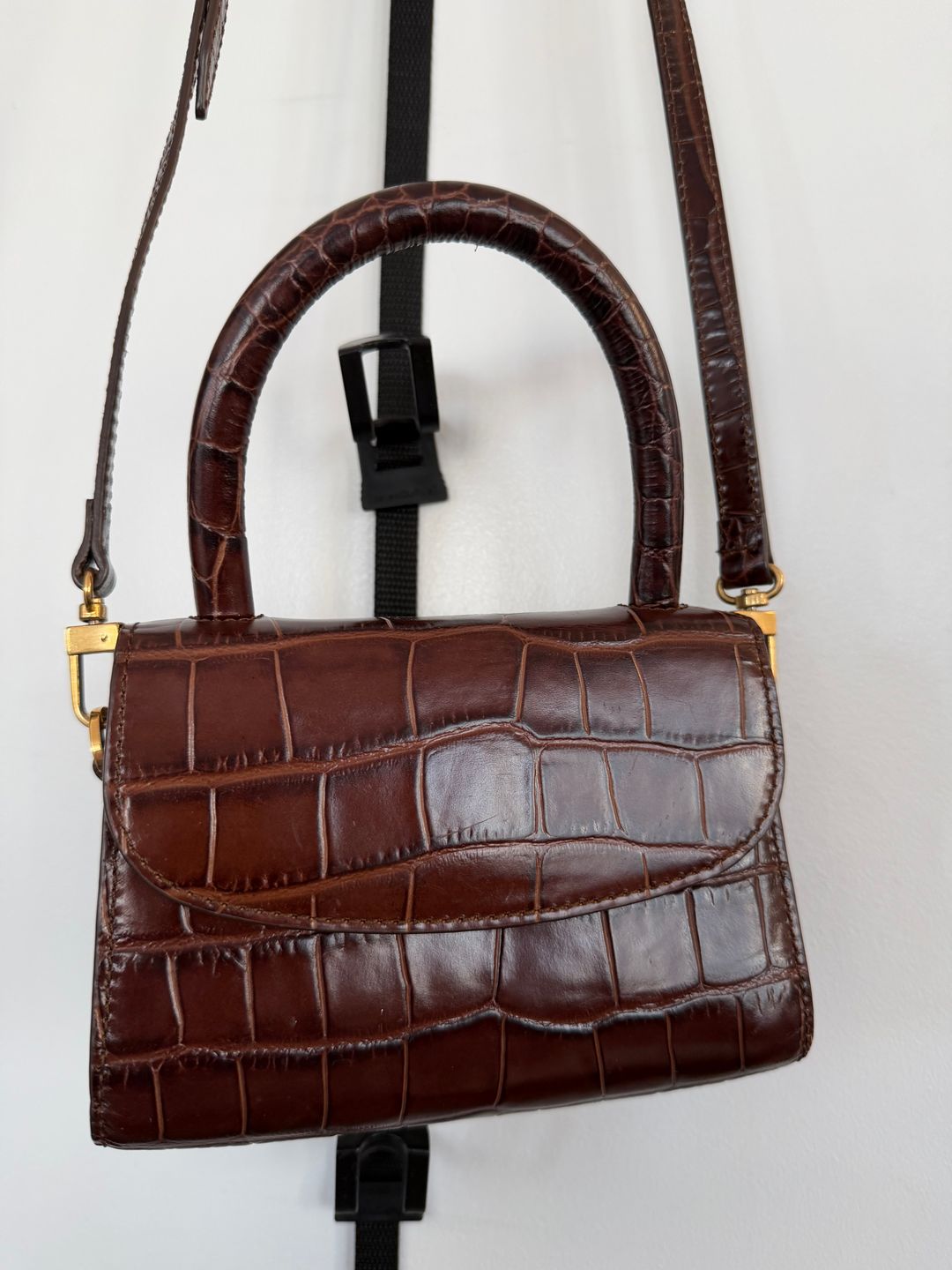 Mini Croco Embossed Top-Handle Bag, Brown