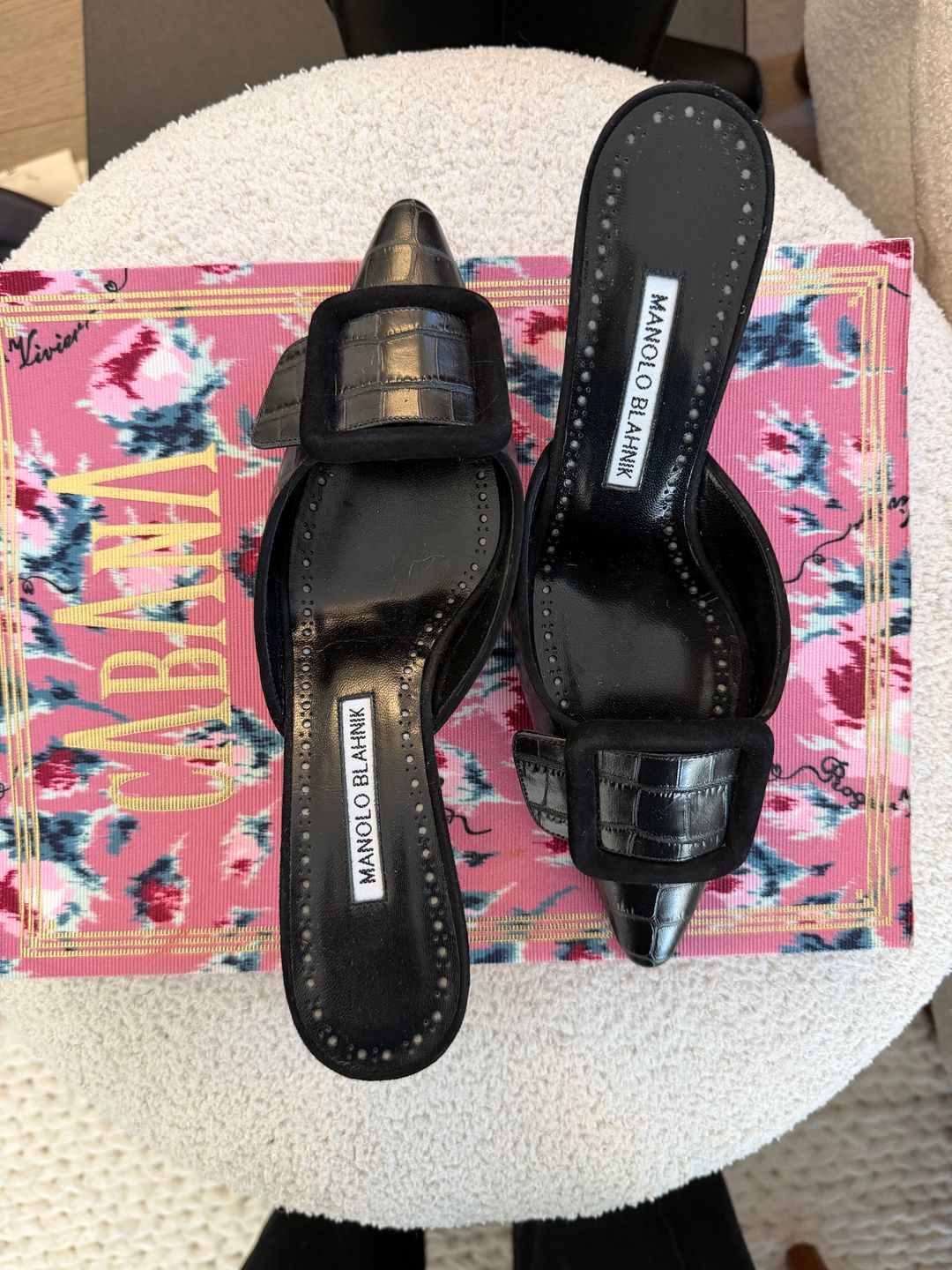 Maysalebi 50 suede-trimmed croc-effect leather mules