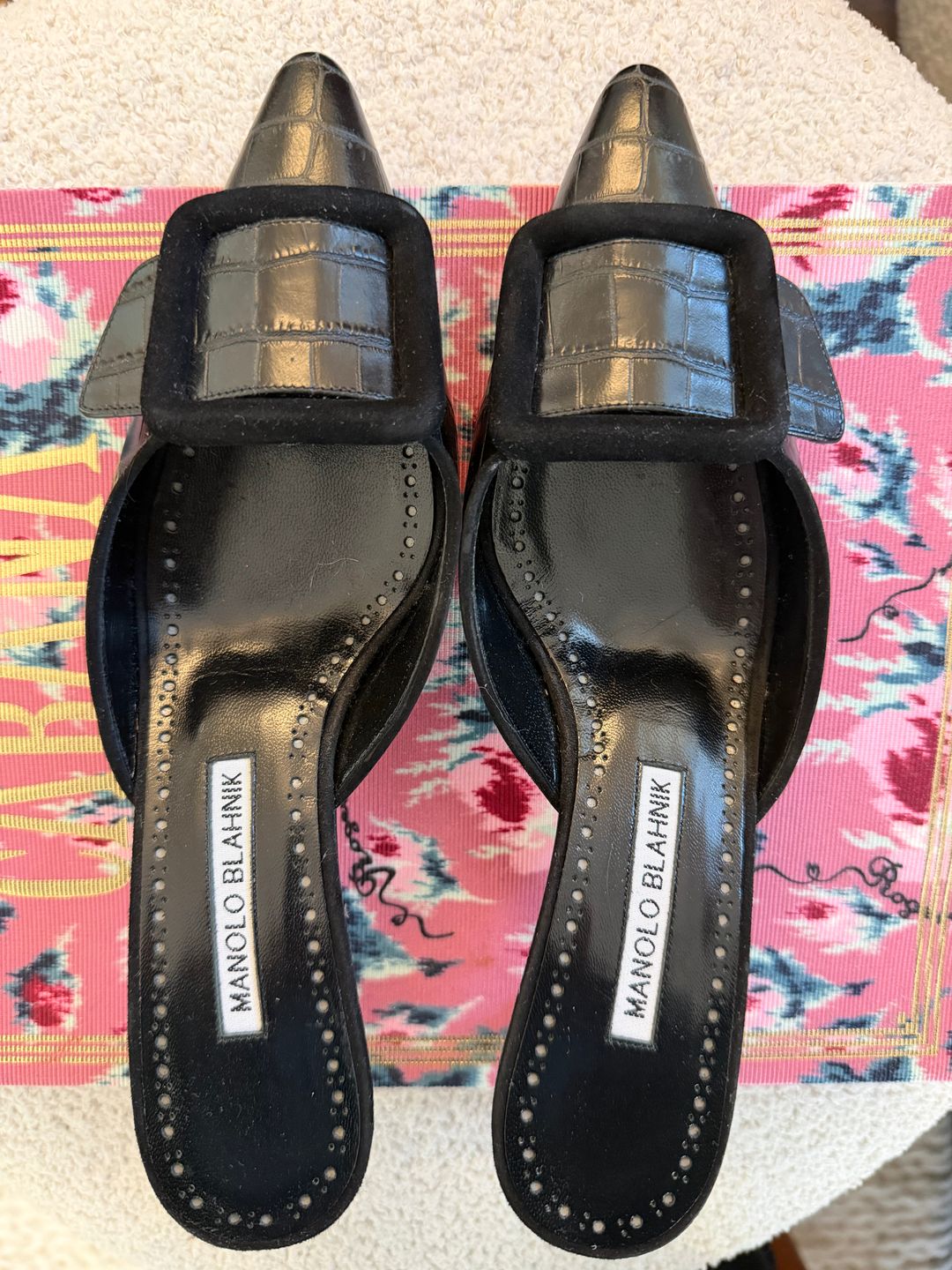 Manolo Blahnik Maysale Black Croc 