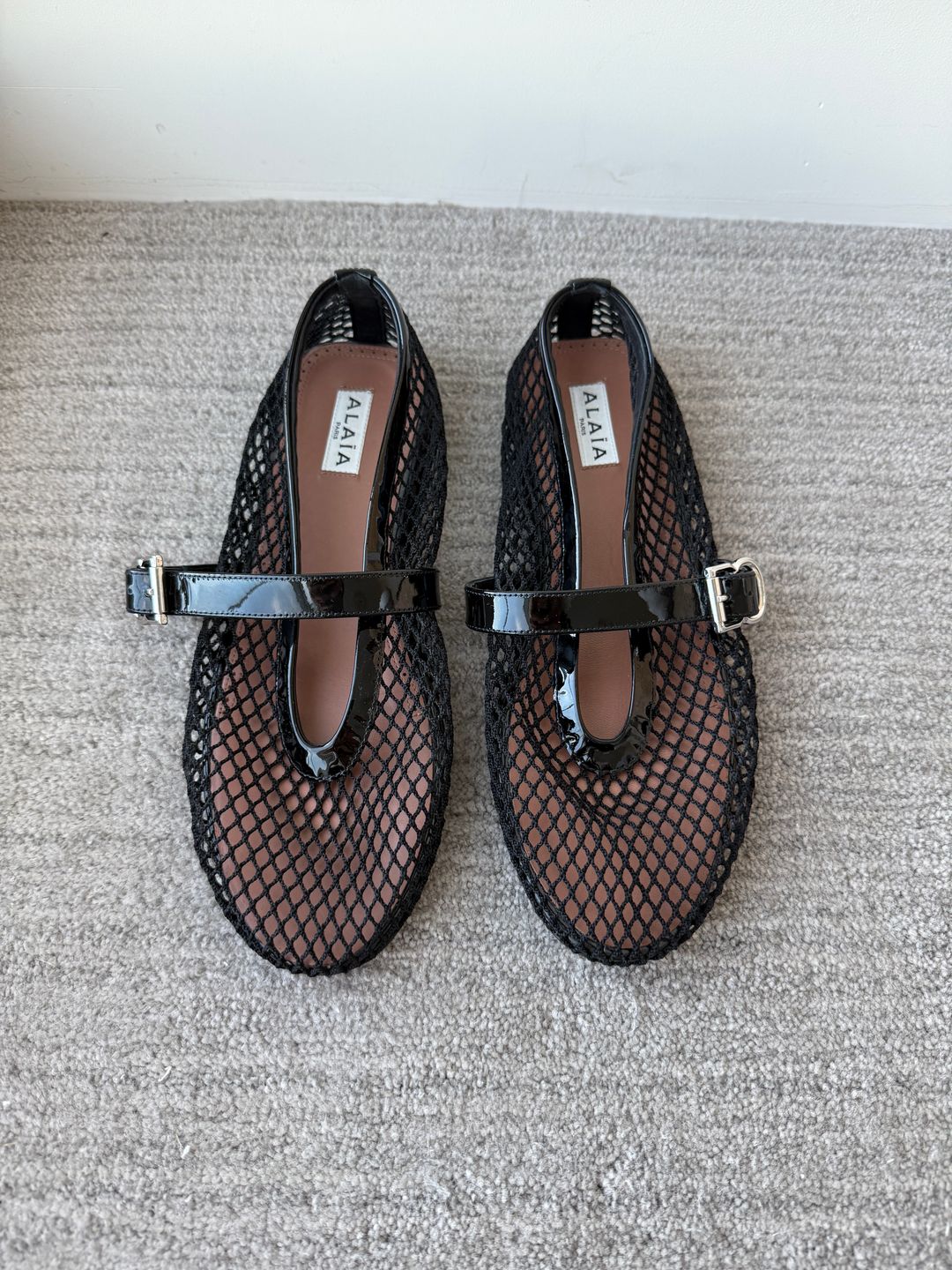 Patent leather-trimmed mesh ballet flats