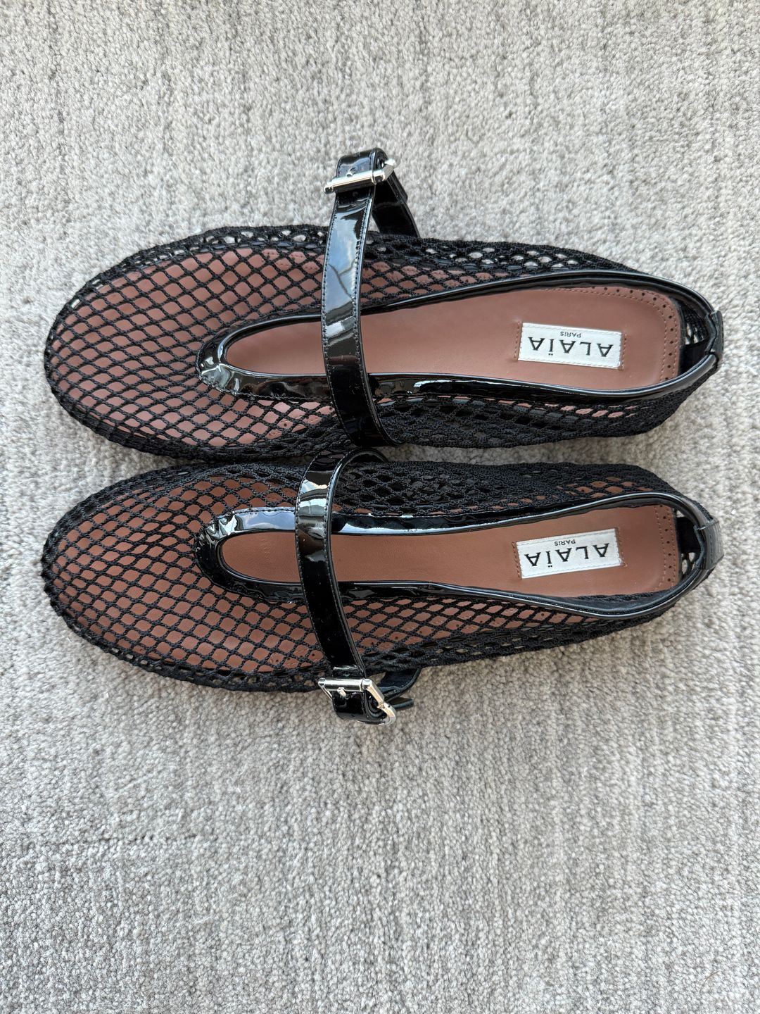 Patent leather-trimmed mesh ballet flats