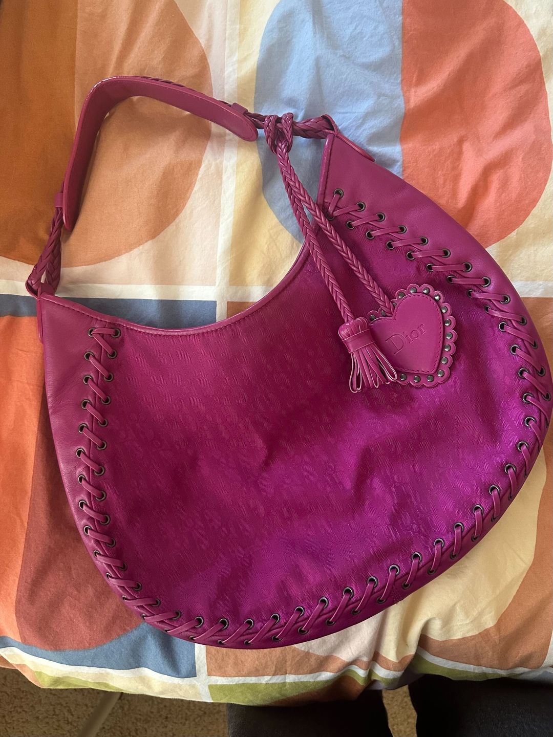 Dior Dior Heart Charm Monogram Braided Fuchsia Hobo Bag