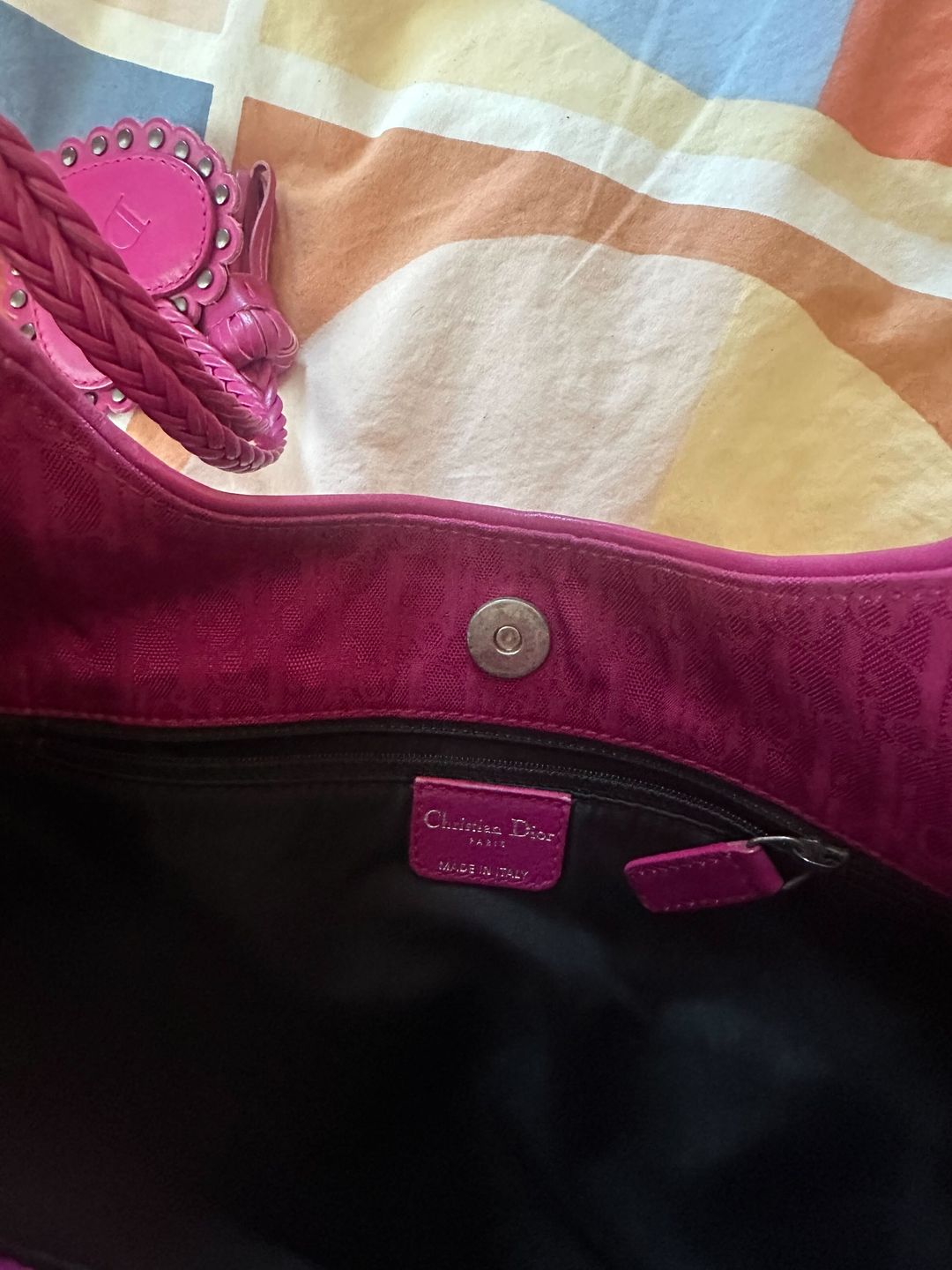 Dior Dior Heart Charm Monogram Braided Fuchsia Hobo Bag