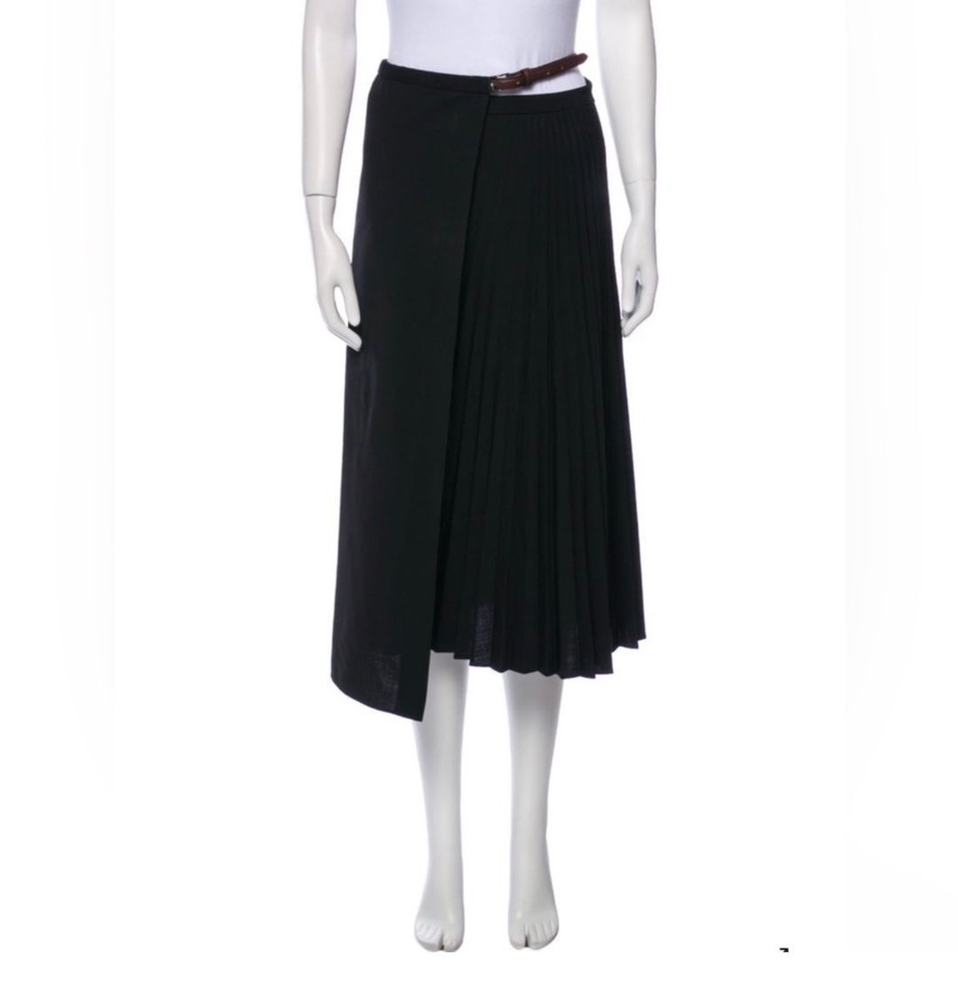 Tropical Wool Pleated Leather Wrap Skirt