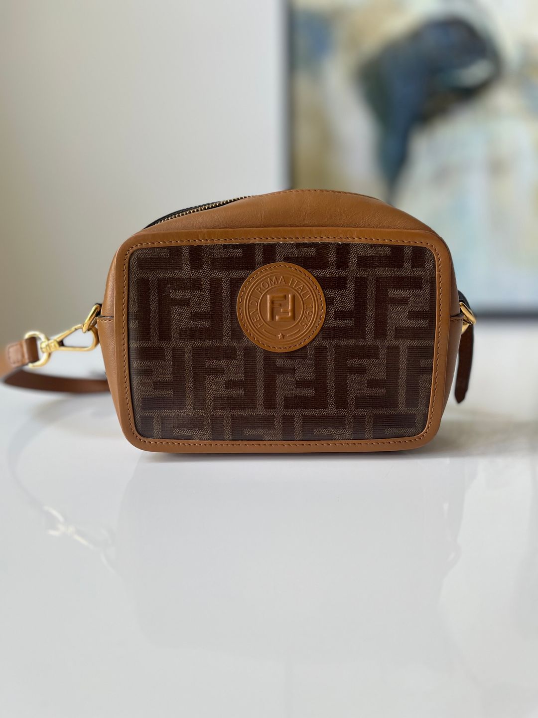 FF Logo Stamp Camera Bag Zucca Coated Canvas Small
