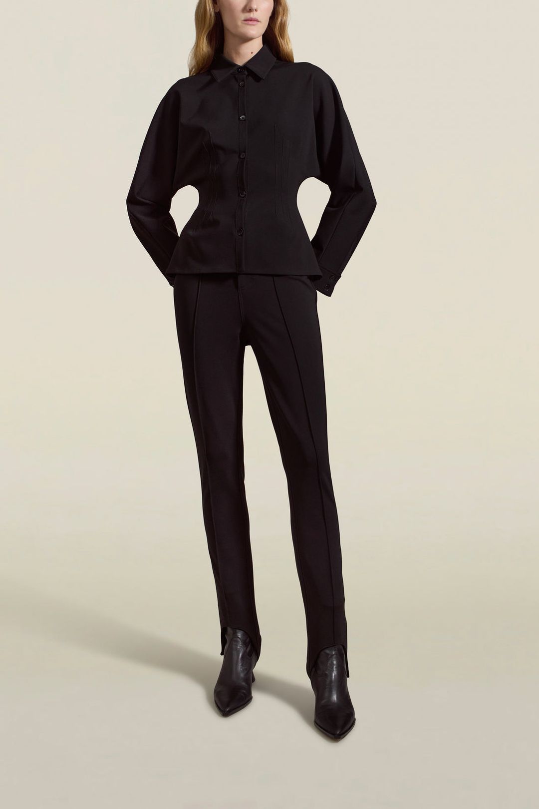 Clara Stirrup Trouser in Black Stretch-Knit Suiting