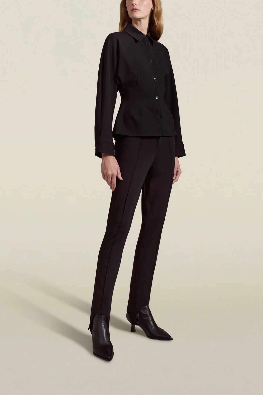 Clara Stirrup Trouser in Black Stretch-Knit Suiting