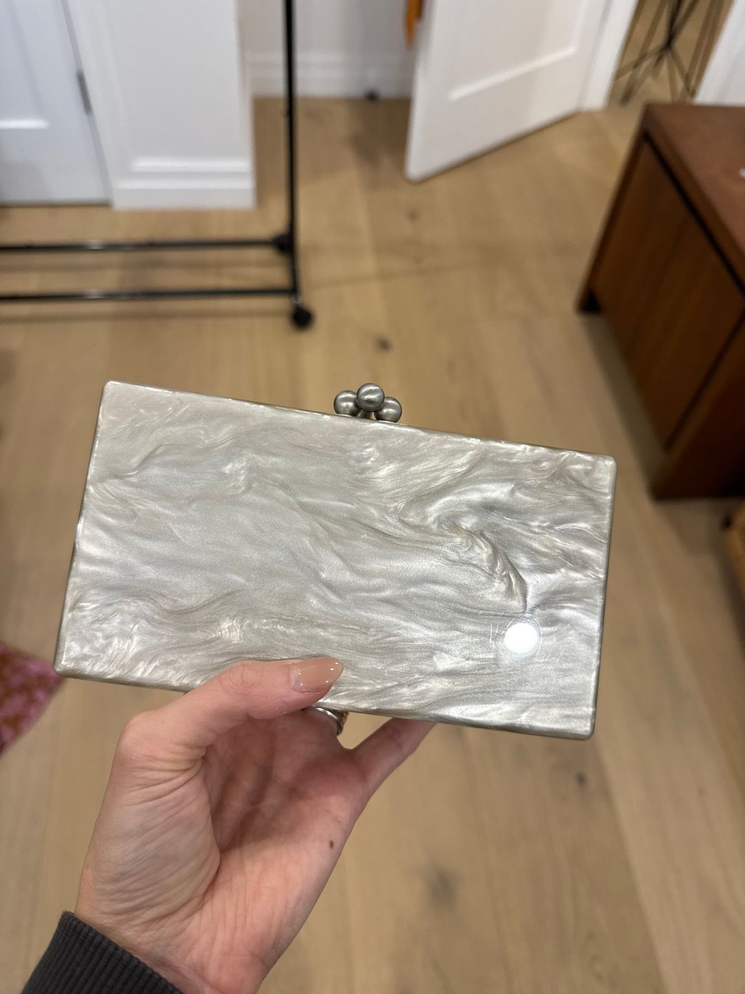 Slim Jean Box Clutch in Silver Acrylic
