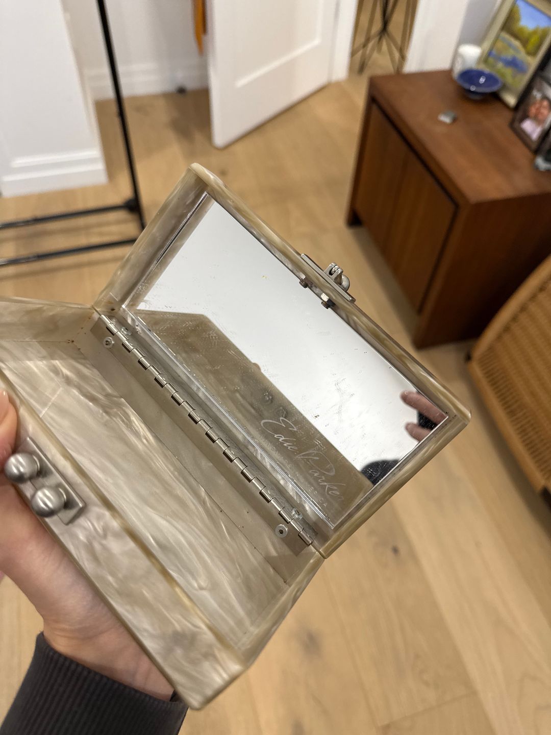 Slim Jean Box Clutch in Silver Acrylic