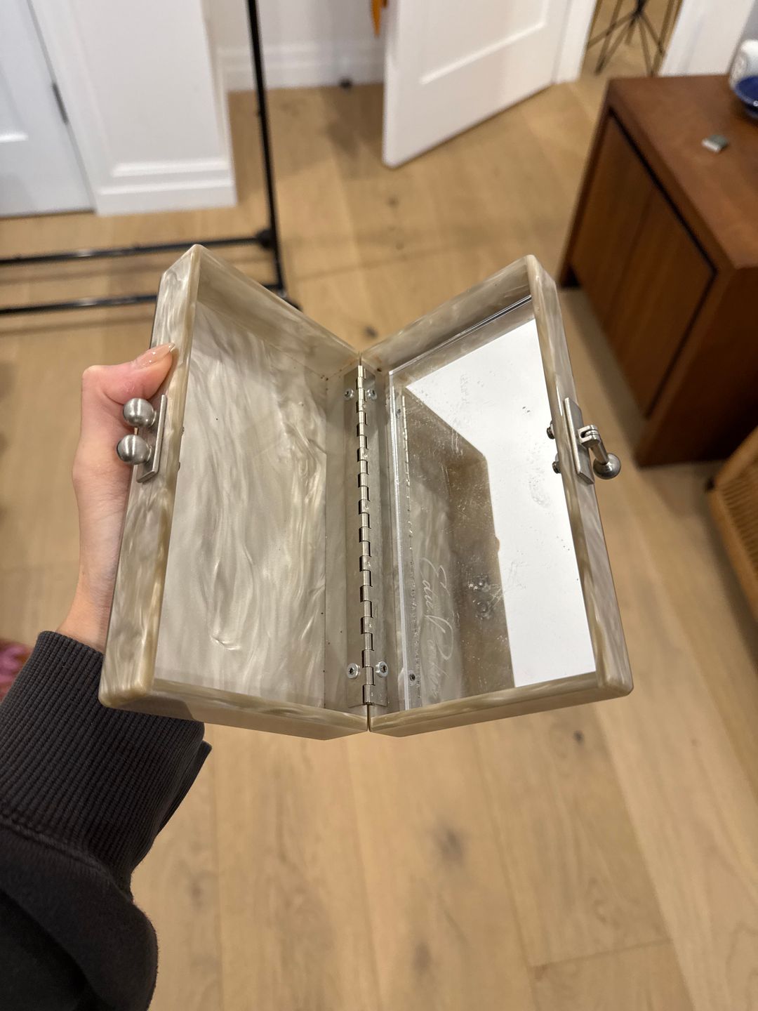 Slim Jean Box Clutch in Silver Acrylic