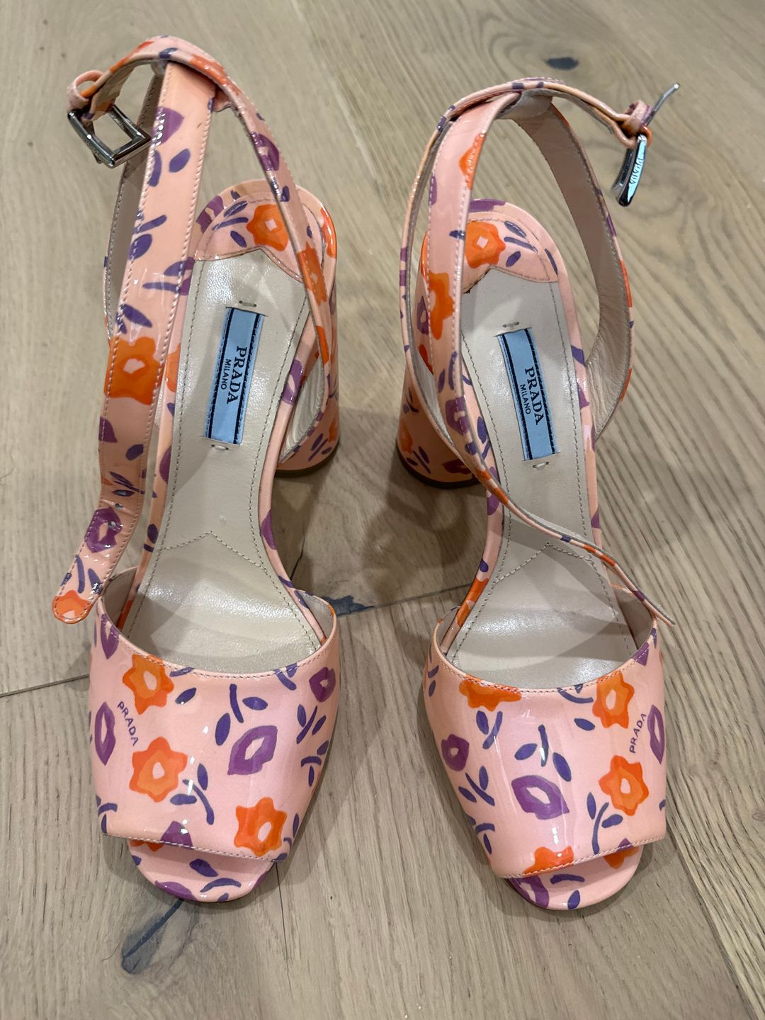 Patent Leather Floral Print Slingback Pumps 100mm