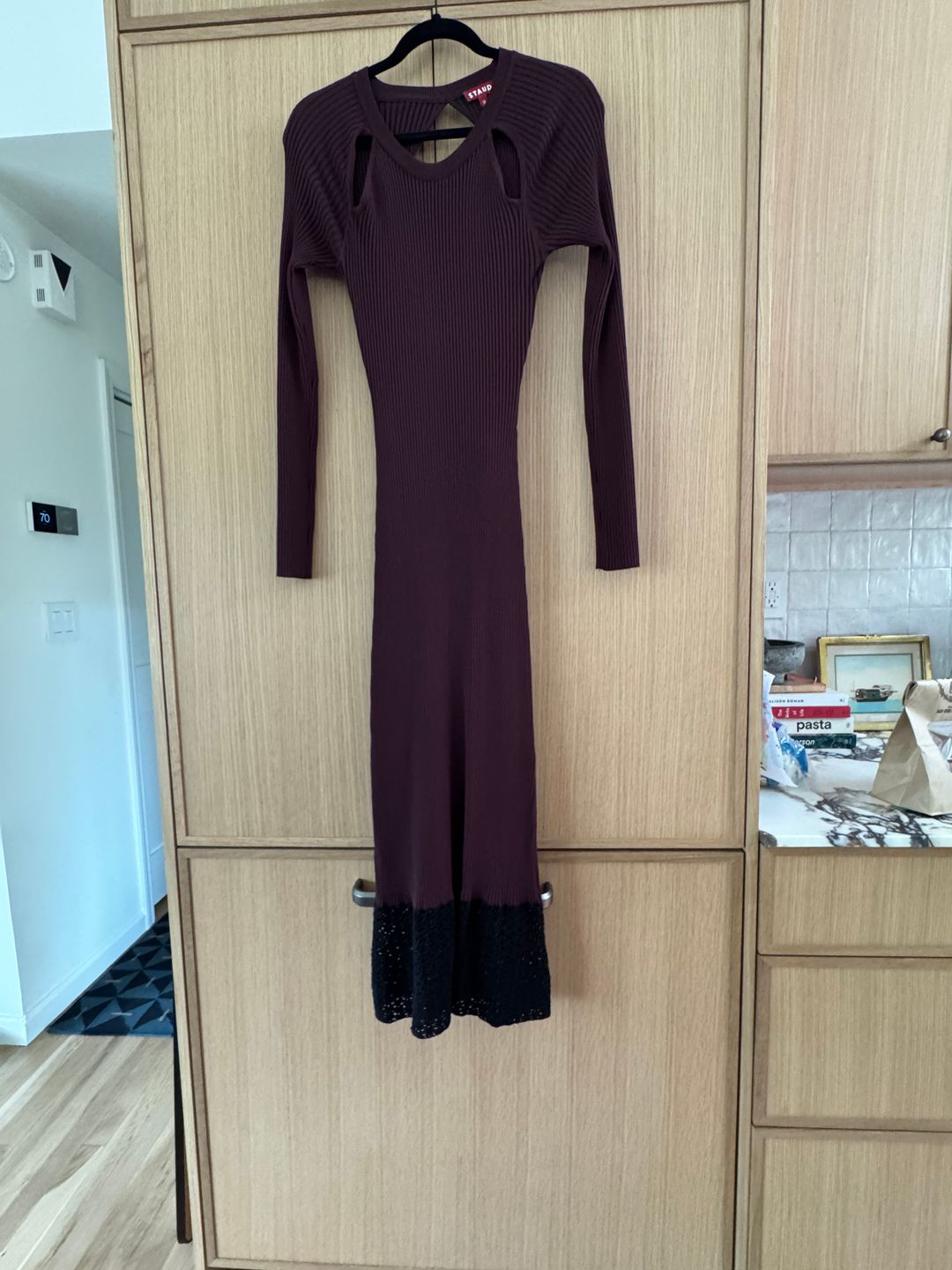 NWT Staud Burgundy knit cut out dress with crochet hem