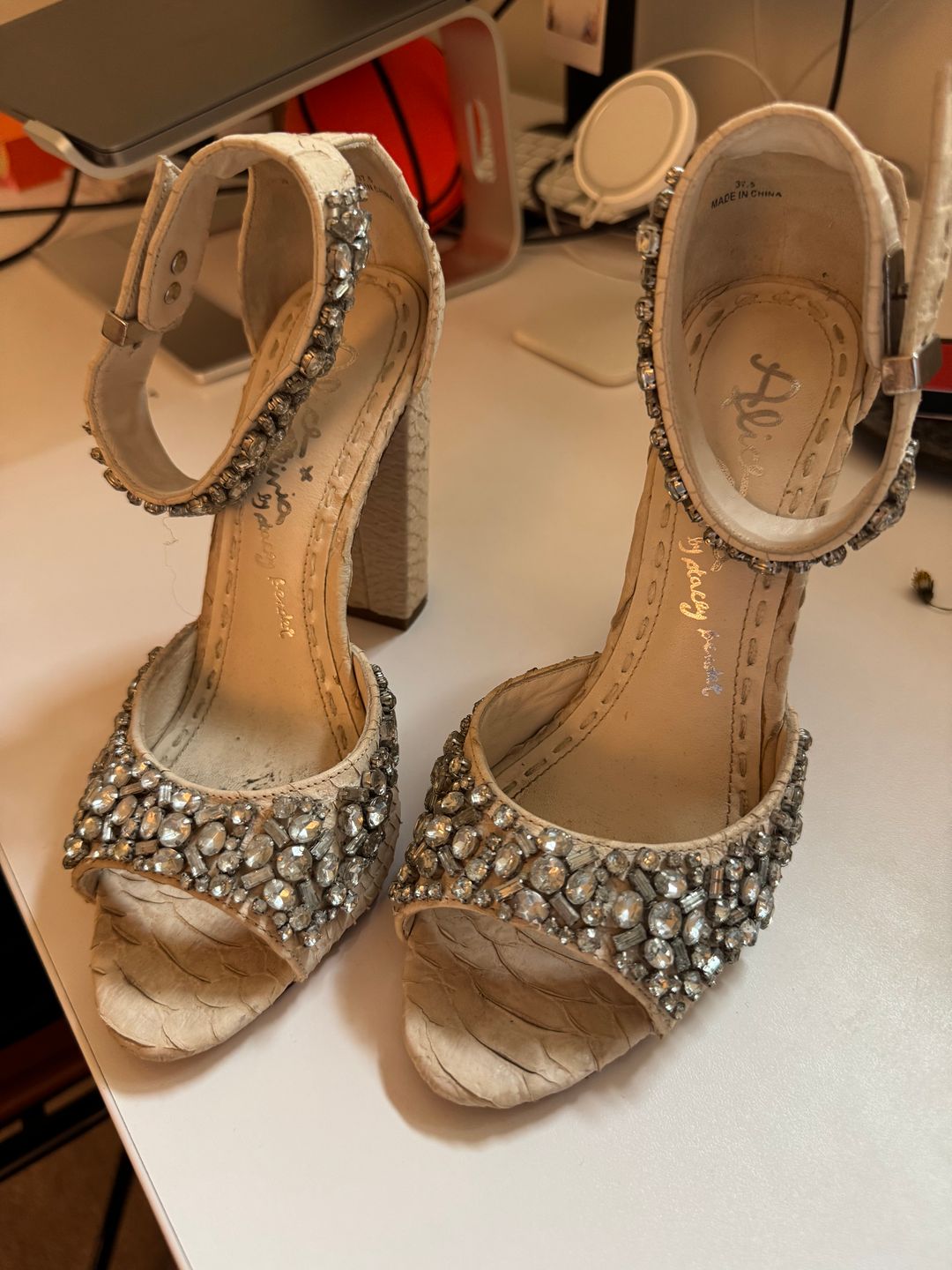 Crystal off white peep toe heel with ankle strap 