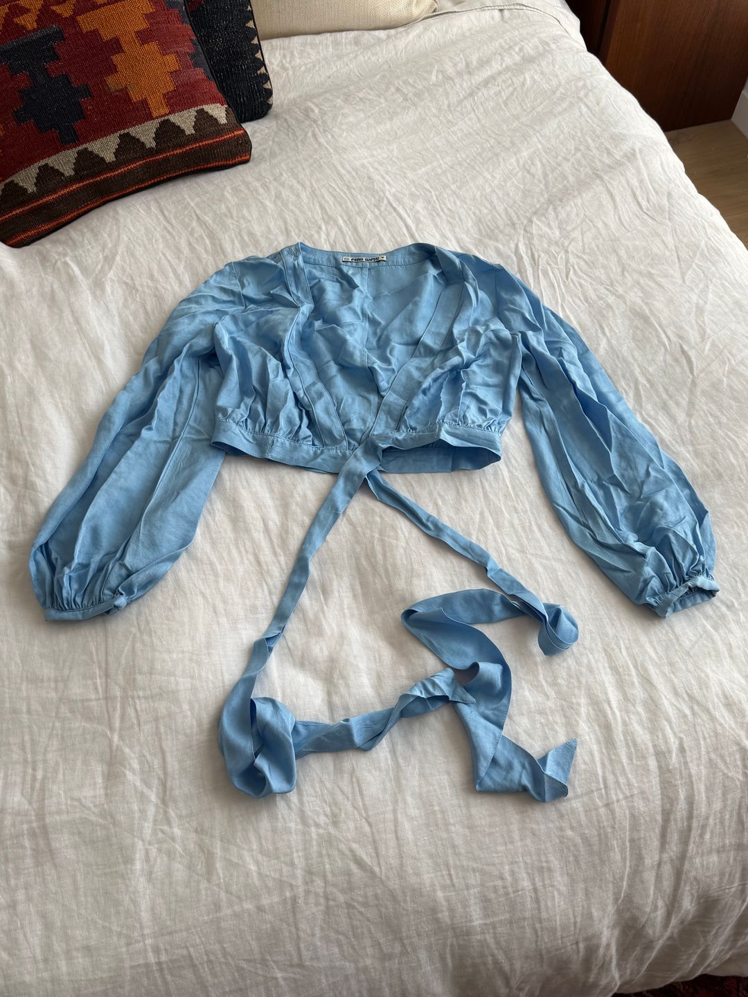 Blue Romana Blouson Sleeve Wrap Crop Top