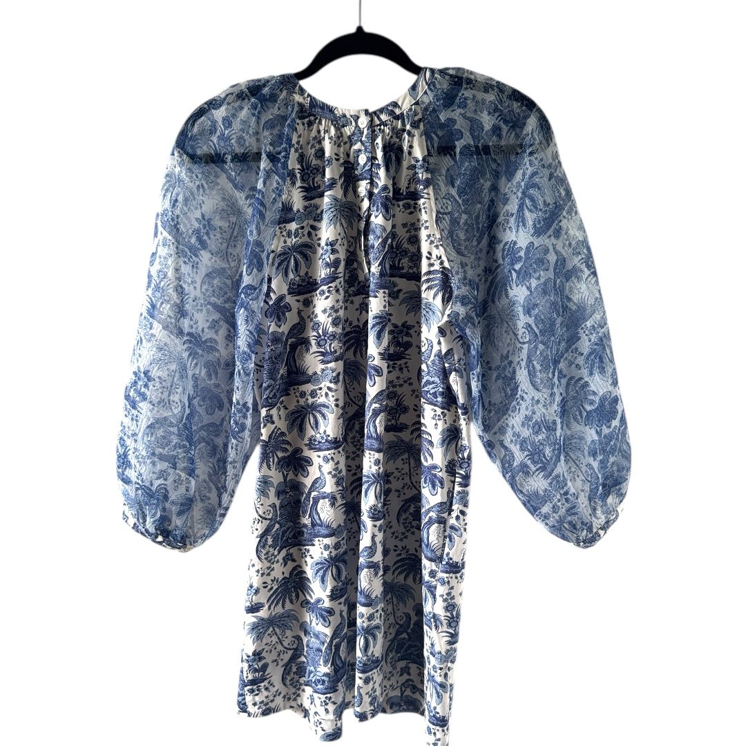 Staud Blue & White Organza Sleeve Shift Mini Dress