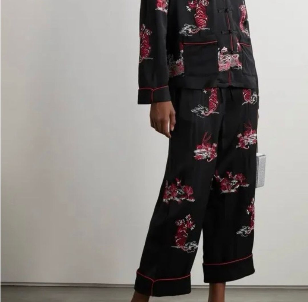 Self-Portrait Embroidered Satin-crepe Wide Leg Pants with drawstring waist