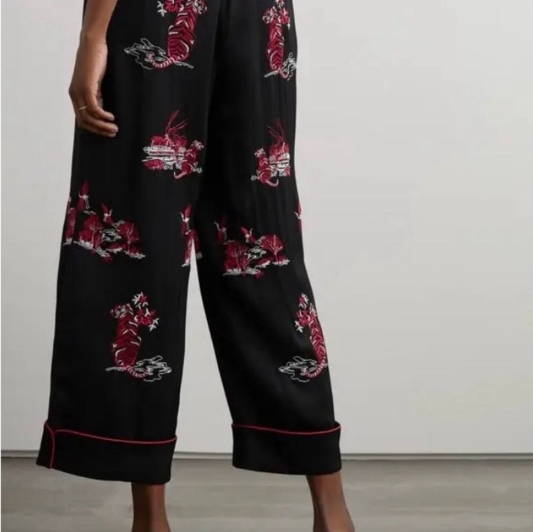 Self-Portrait Embroidered Satin-crepe Wide Leg Pants with drawstring waist