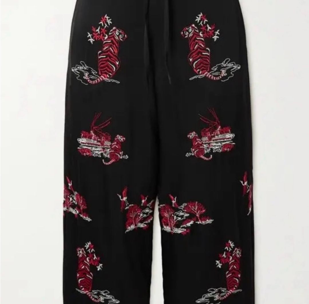 Self-Portrait Embroidered Satin-crepe Wide Leg Pants with drawstring waist