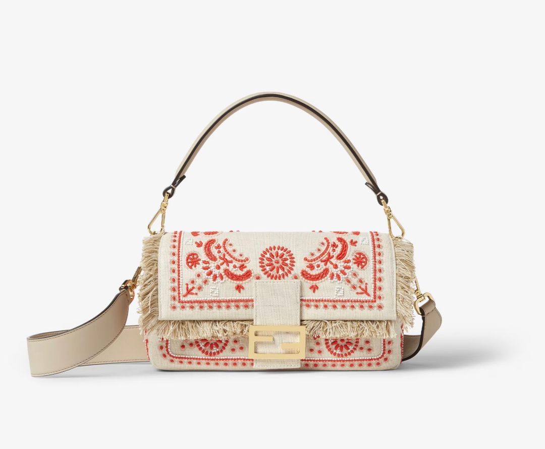 Baguette Canvas Bag with Coral Bandana Embroidery