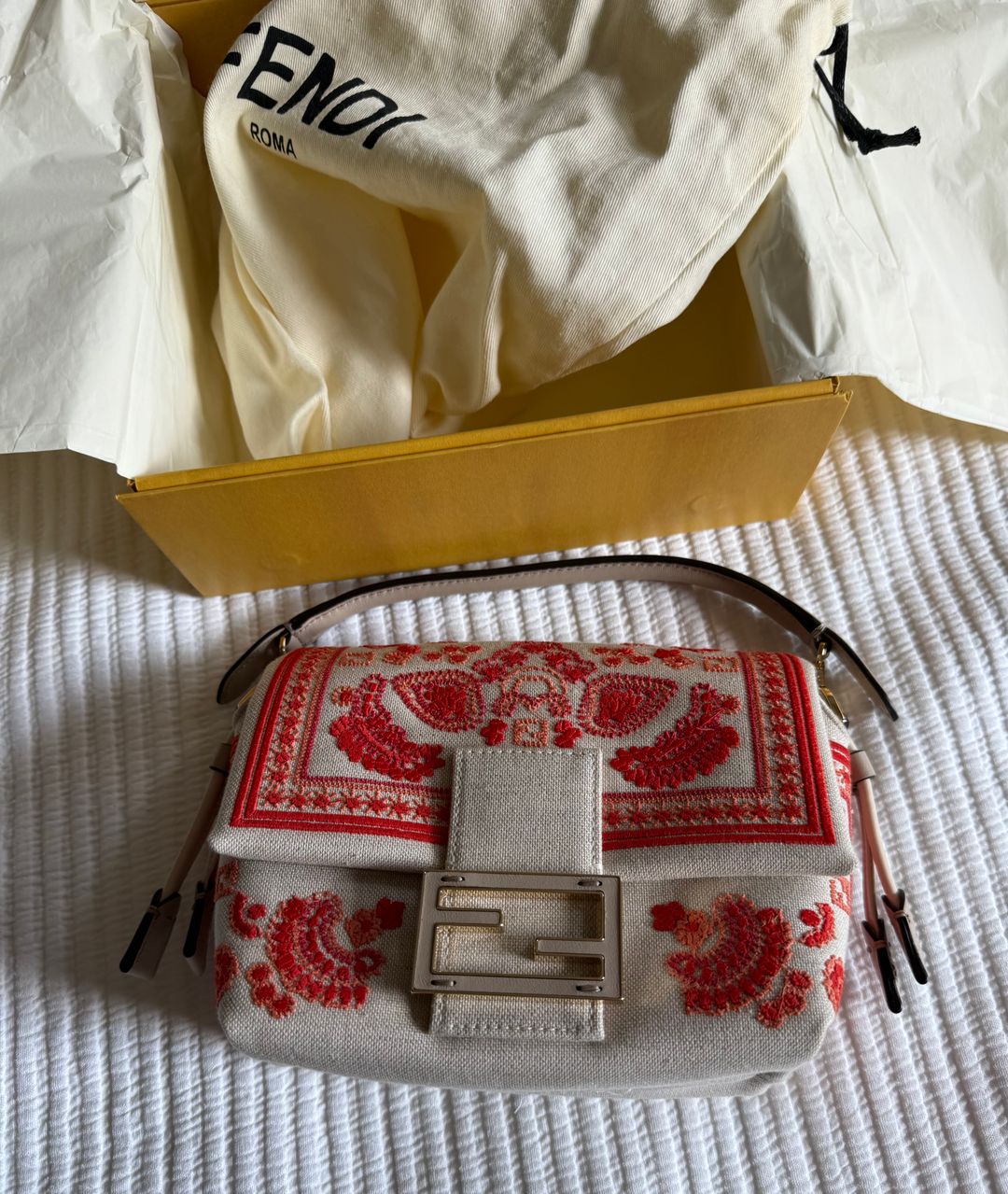 Baguette Canvas Bag with Coral Bandana Embroidery