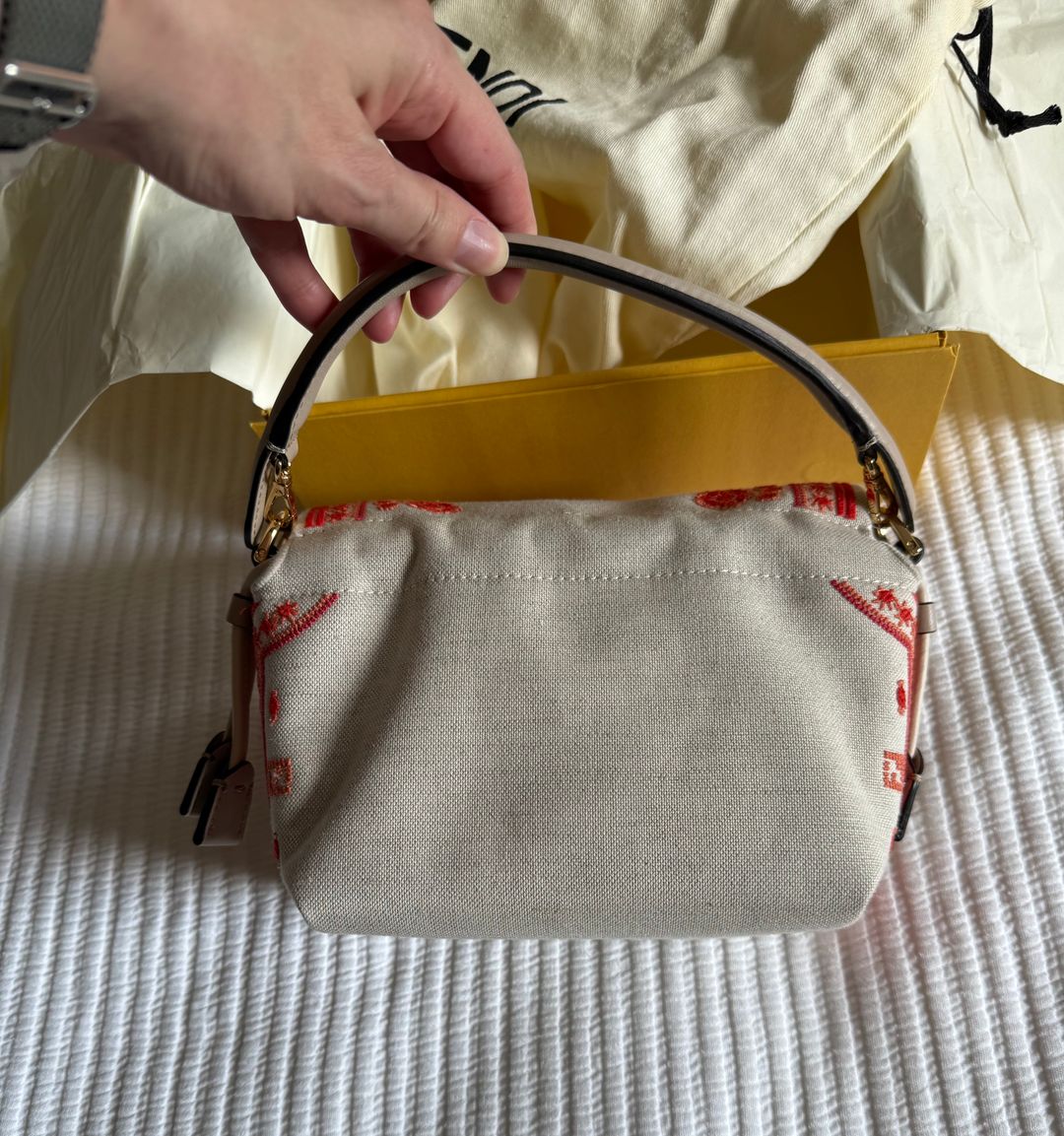 Baguette Canvas Bag with Coral Bandana Embroidery
