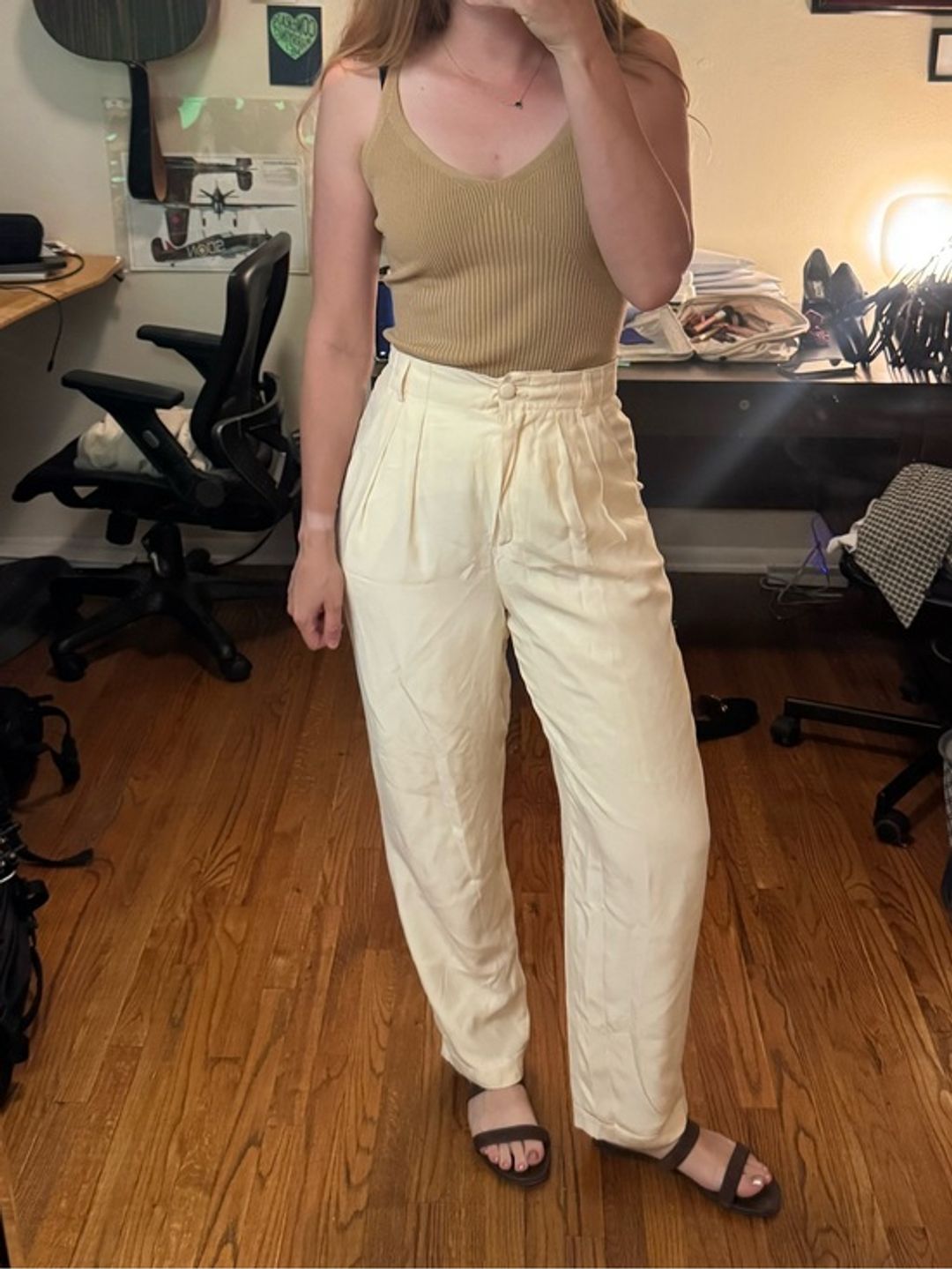 Vintage Silk Pleated Effortless High-Rise Cream Pants