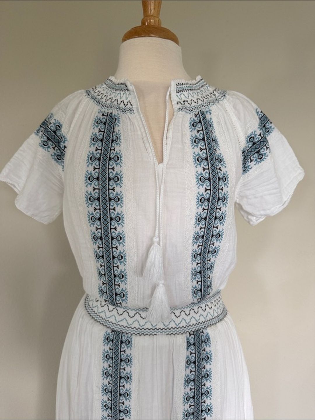 Faherty Catrina White Maxi Dress with Blue Embroidered Panels