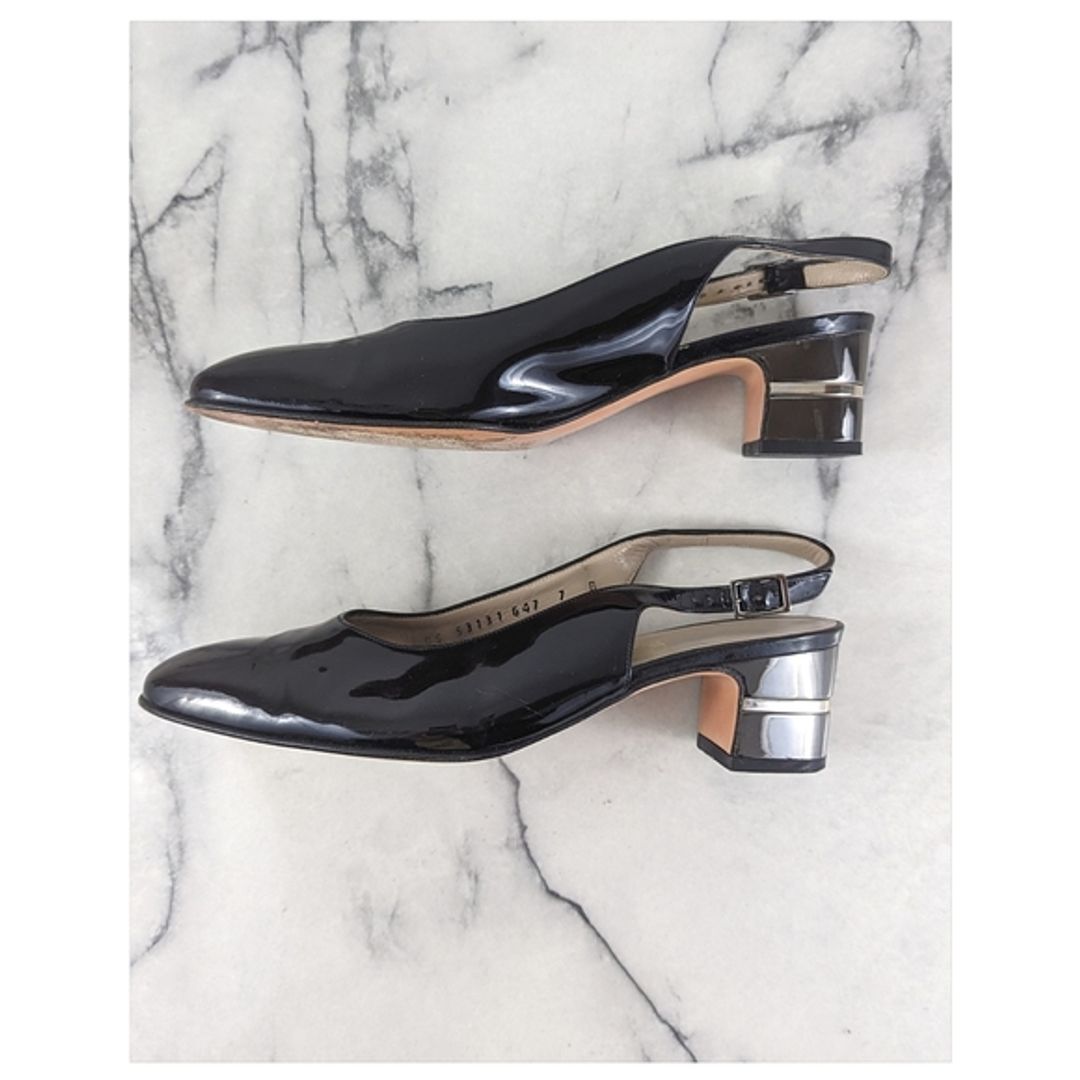 Ferragamo Patent Leather Sling Back Pumps Silver