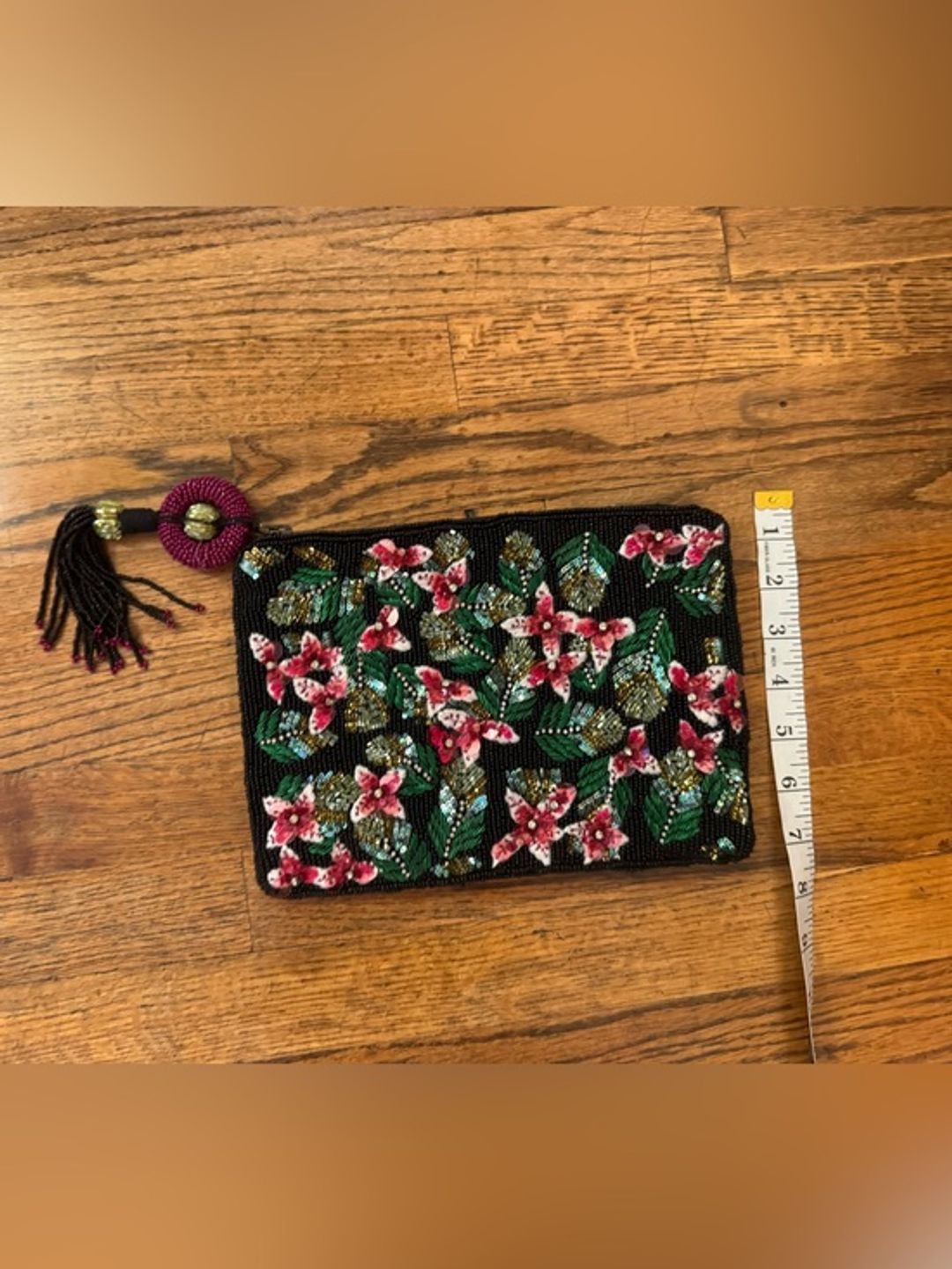 Anthropologie Embroidered Floral Beaded Zip Pouch Clutch