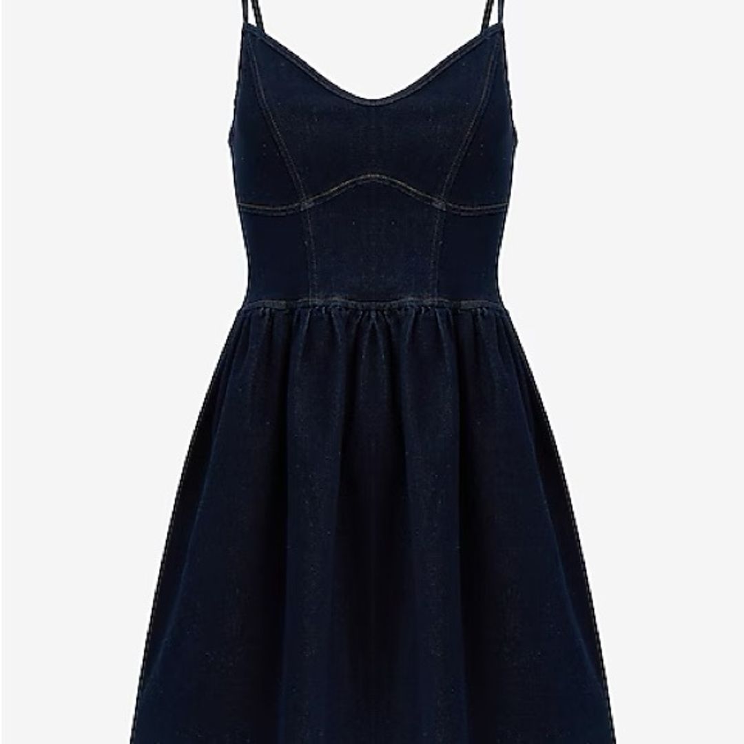 Express Dark Wash Denim Sweetheart Corset Fit And Flare Mini Dress