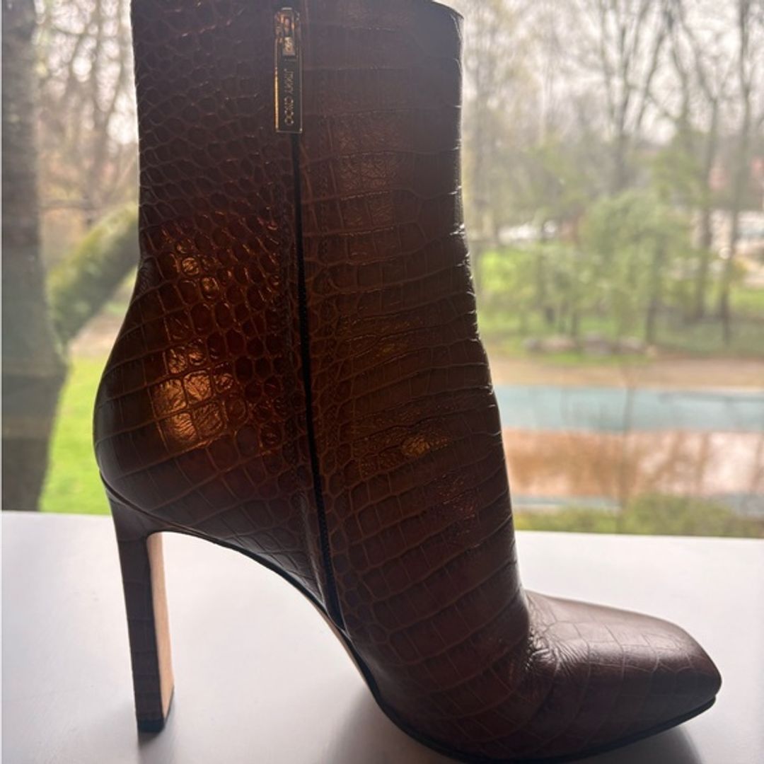 Jimmy Choo Camel Croc-Embossed High Heel Ankle Boots 12 US