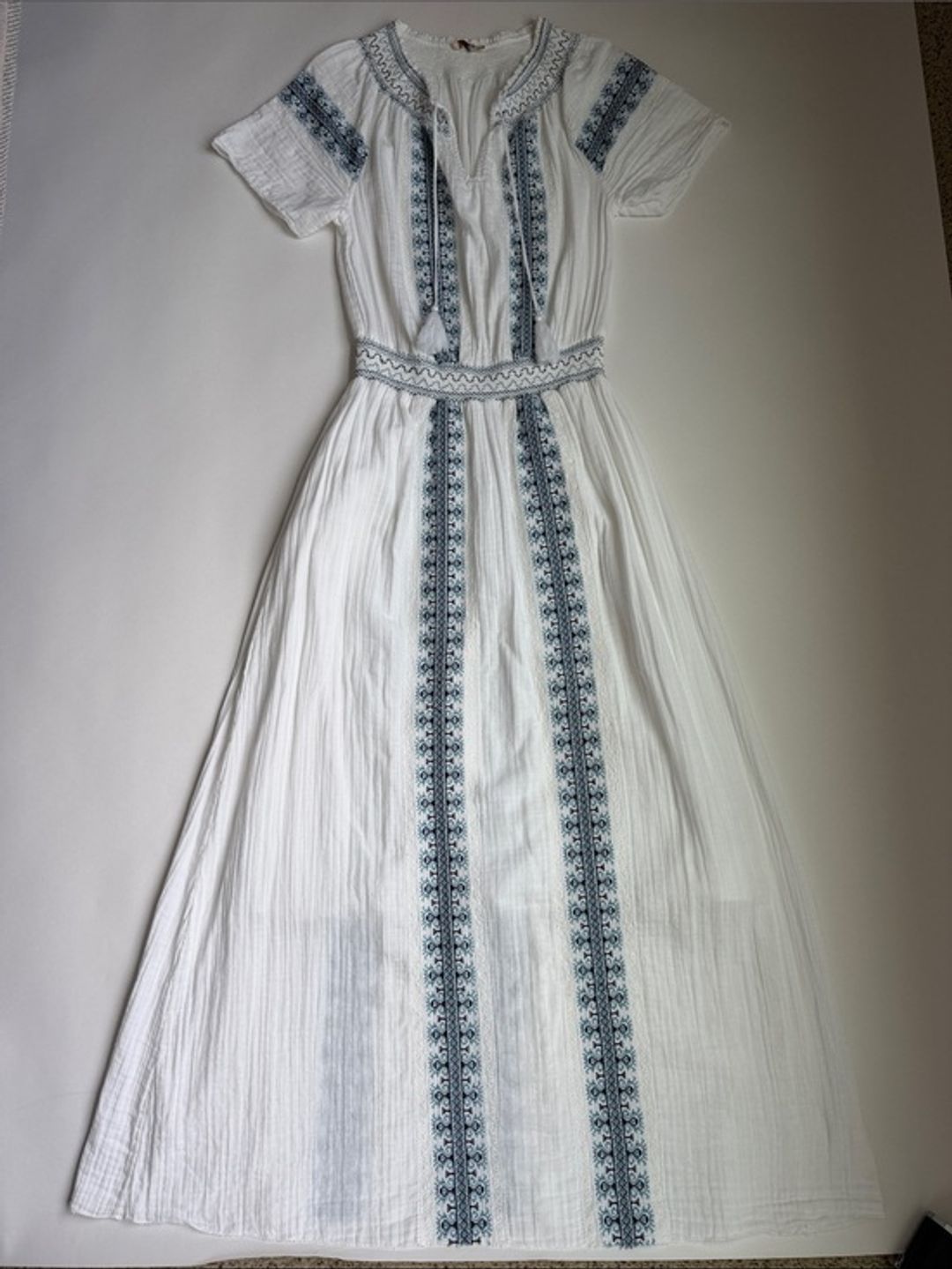 Faherty Catrina White Maxi Dress with Blue Embroidered Panels