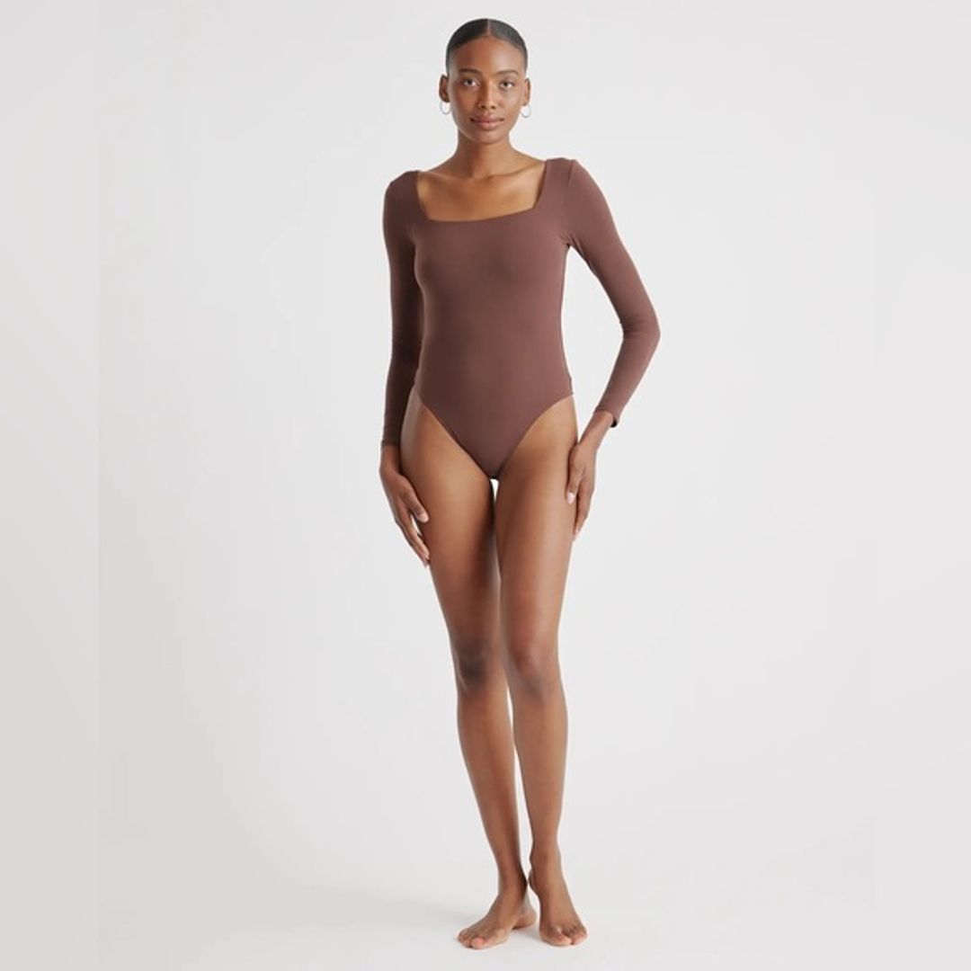NWT Quince Brown Square-Neck Long-Sleeve Bodysuit