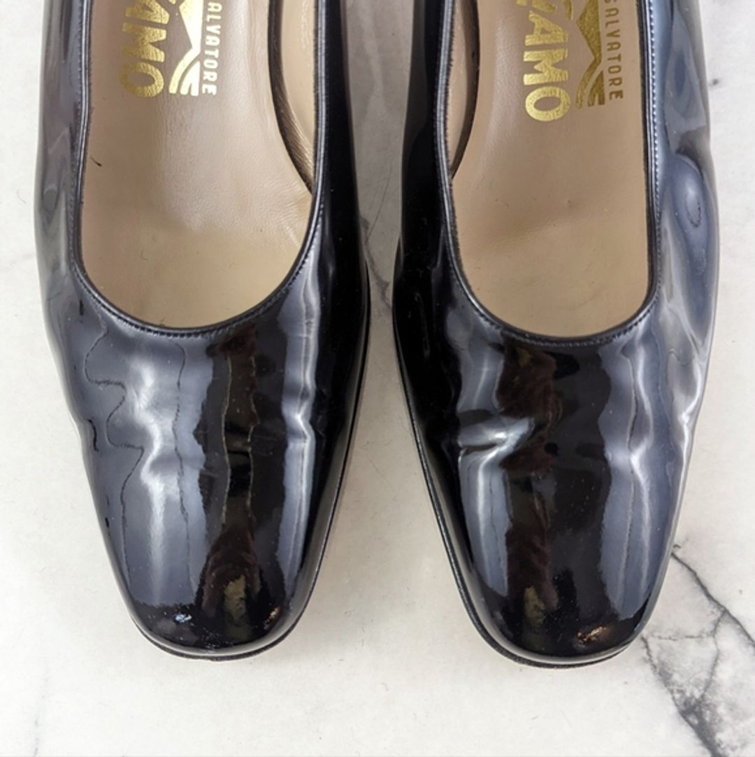 Ferragamo Patent Leather Sling Back Pumps Silver