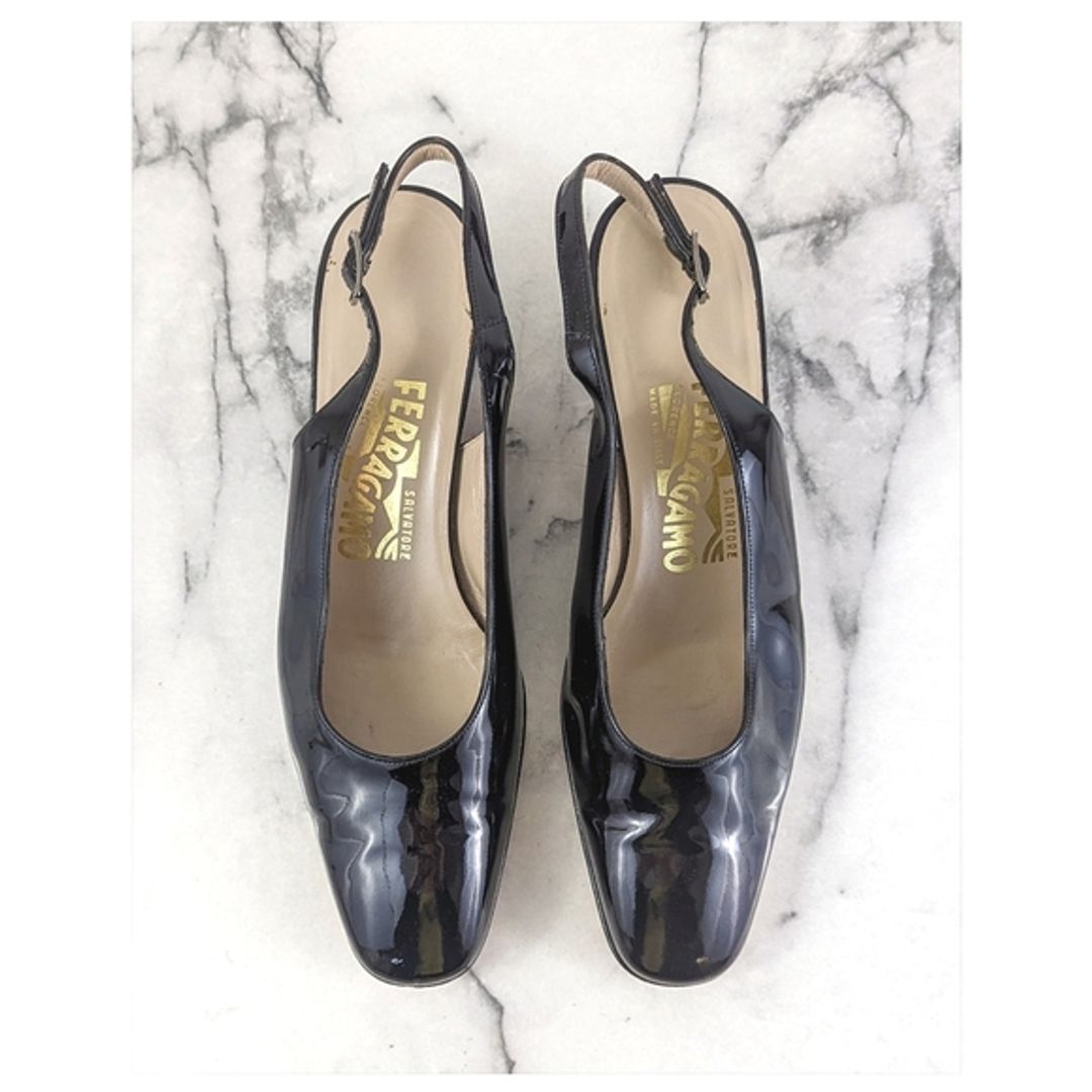 Ferragamo Patent Leather Sling Back Pumps Silver
