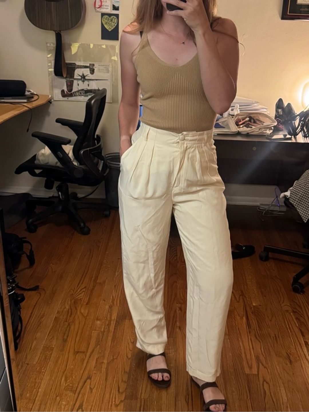 Vintage Silk Pleated Effortless High-Rise Cream Pants