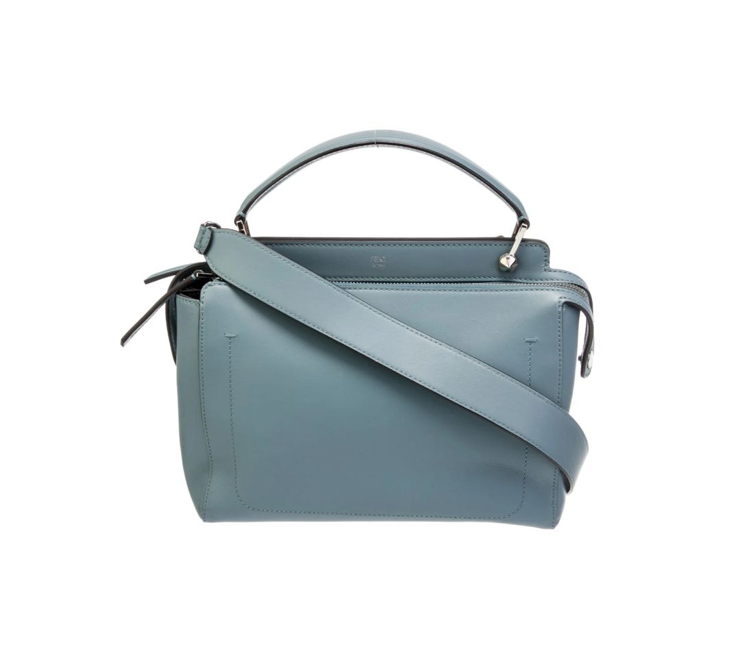 Fendi Fendi Leather Dotcom Medium top handle bag from the 2016 Collection by Karl Lagerfeld. Blue leather with silver-tone hardware. Flat handle and single shoulder strap. Suede lining and dual interior pockets. Zip closure at top. Protective feet at base and INCLUDES DUST BAG. 