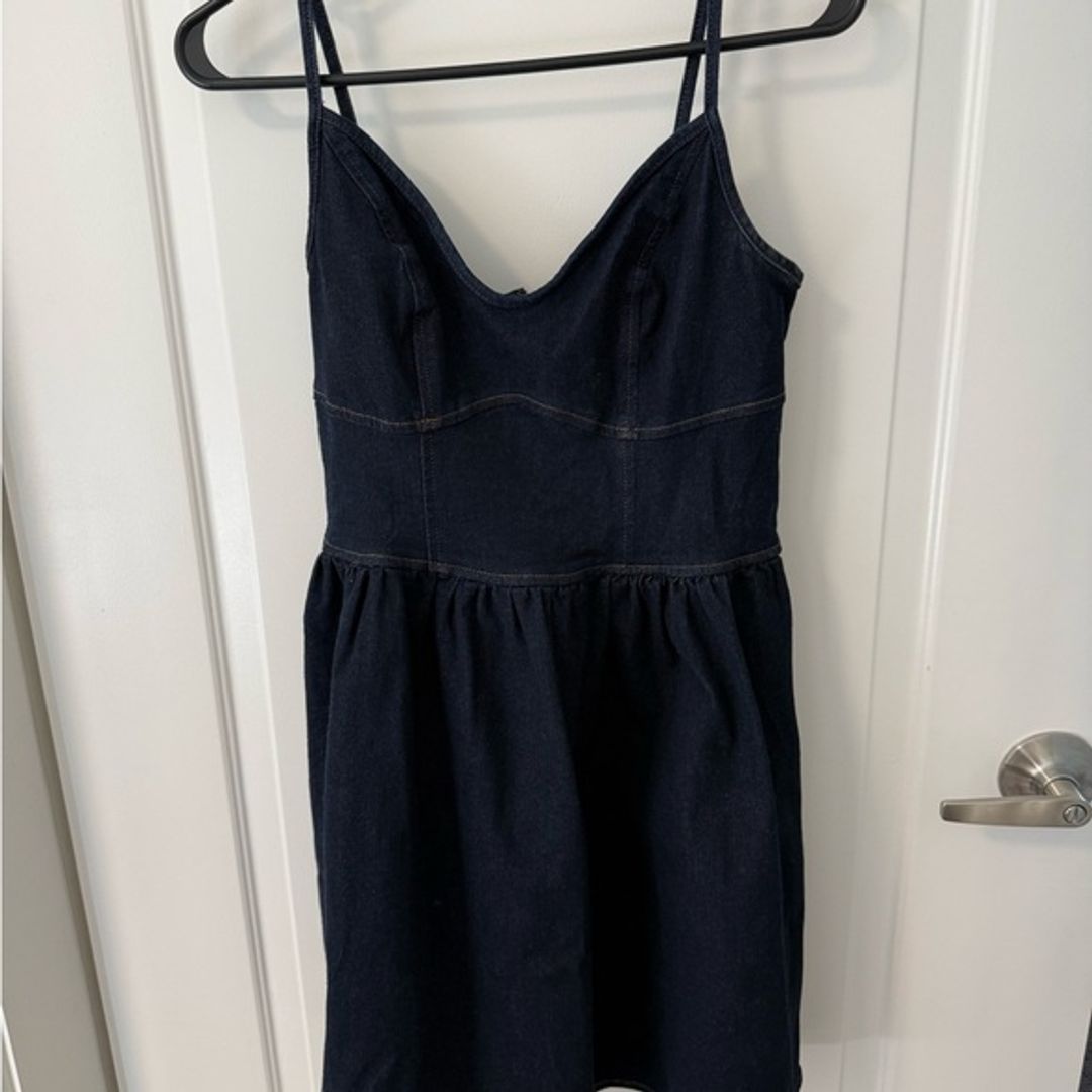 Express Dark Wash Denim Sweetheart Corset Fit And Flare Mini Dress
